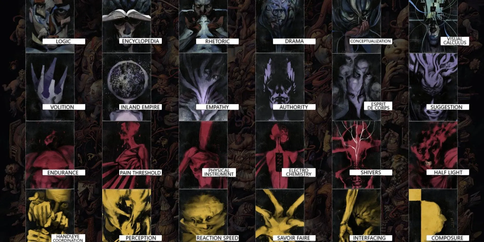 Giao diện menu kỹ năng của Harry DuBois trong Disco Elysium cho phép người chơi nhập vai