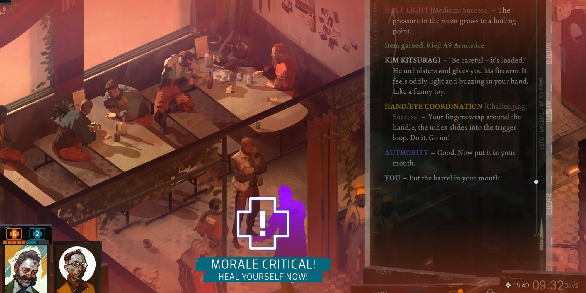 Harry DuBois trong Disco Elysium dọa tự sát trước mặt Hardie Boys thể hiện sự phi lý
