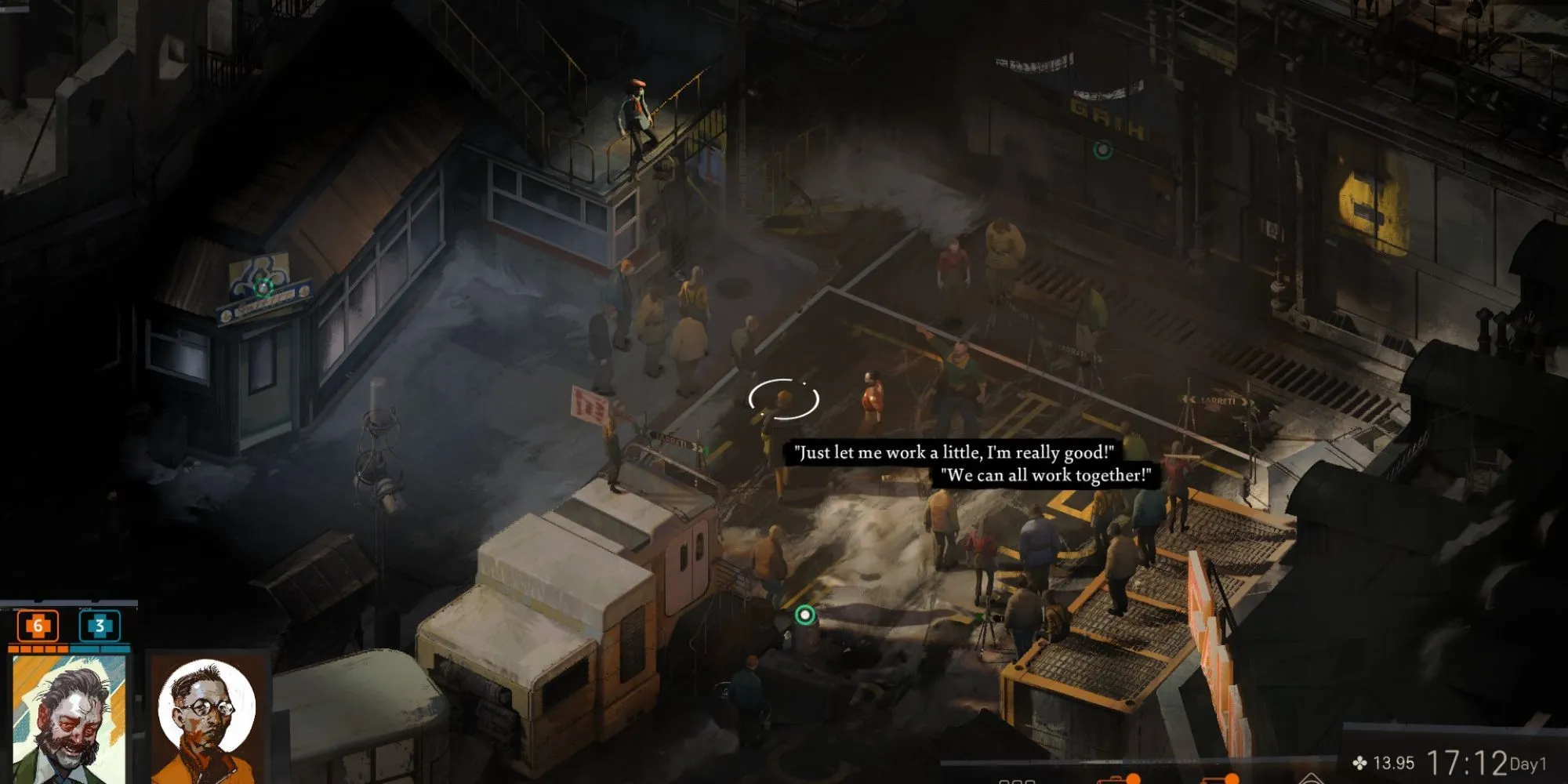 Harry và Kim Kitsuragi đối mặt với một thử thách kỹ năng trong Disco Elysium mà người chơi có thể save-scum