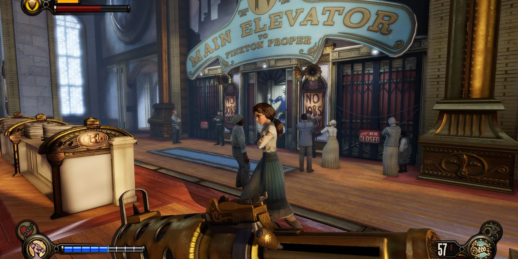 Cảnh Booker và Elizabeth trong thang máy tại thành phố Rapture dưới nước, từ DLC Burial At Sea của BioShock Infinite