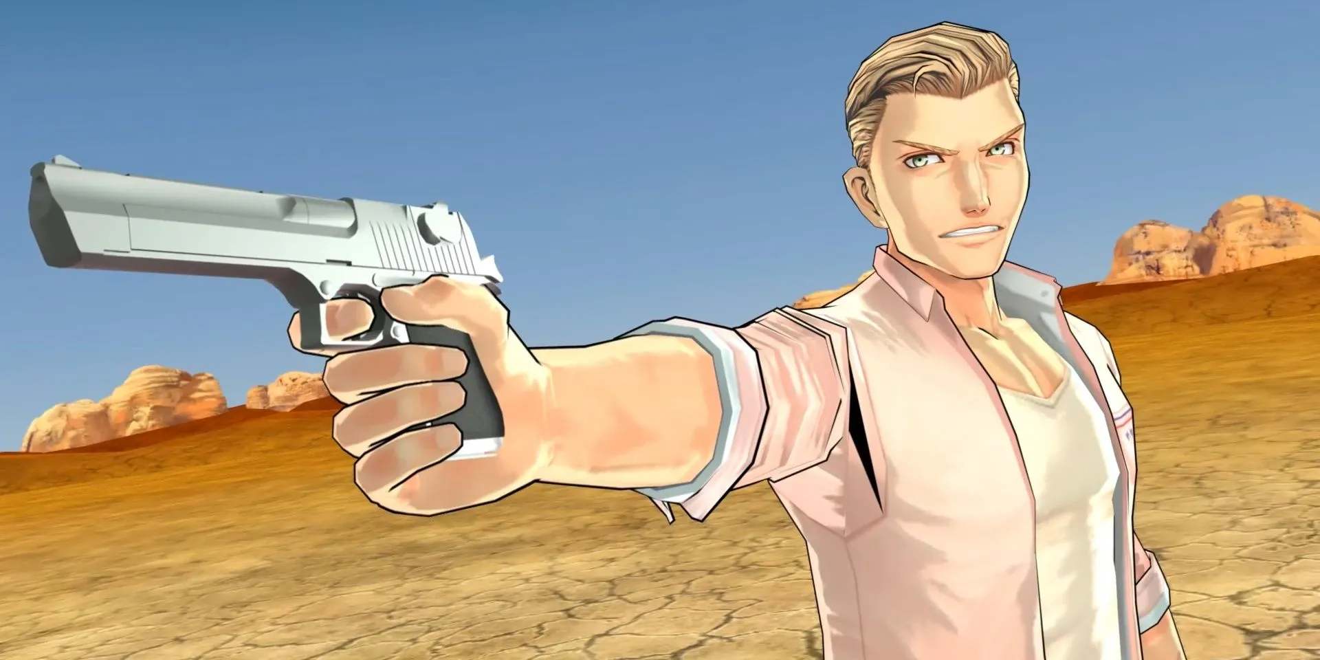 Carlos chĩa súng trong Zero Time Dilemma, một game visual novel với nhiều nhánh cốt truyện cần khám phá