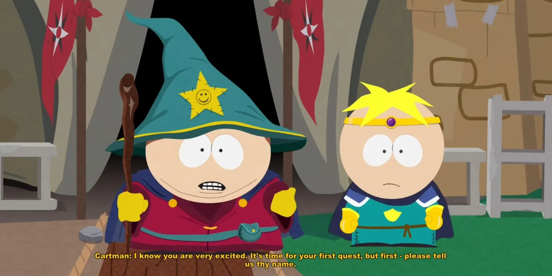 Cartman hỏi tên người chơi ở đầu South Park: The Stick of Truth, nhưng luôn gọi là &quot;d-bag&quot;