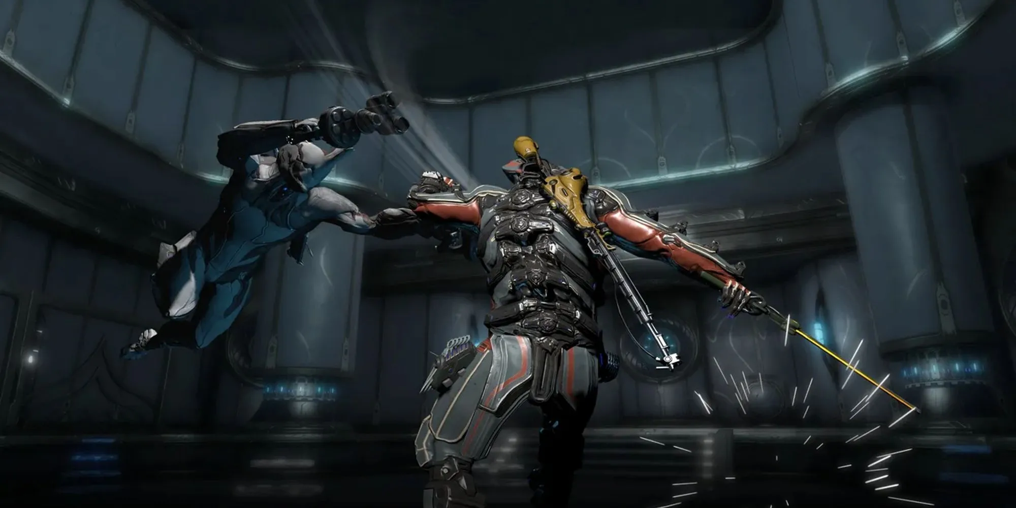 Hai nhân vật Warframe đang giao chiến