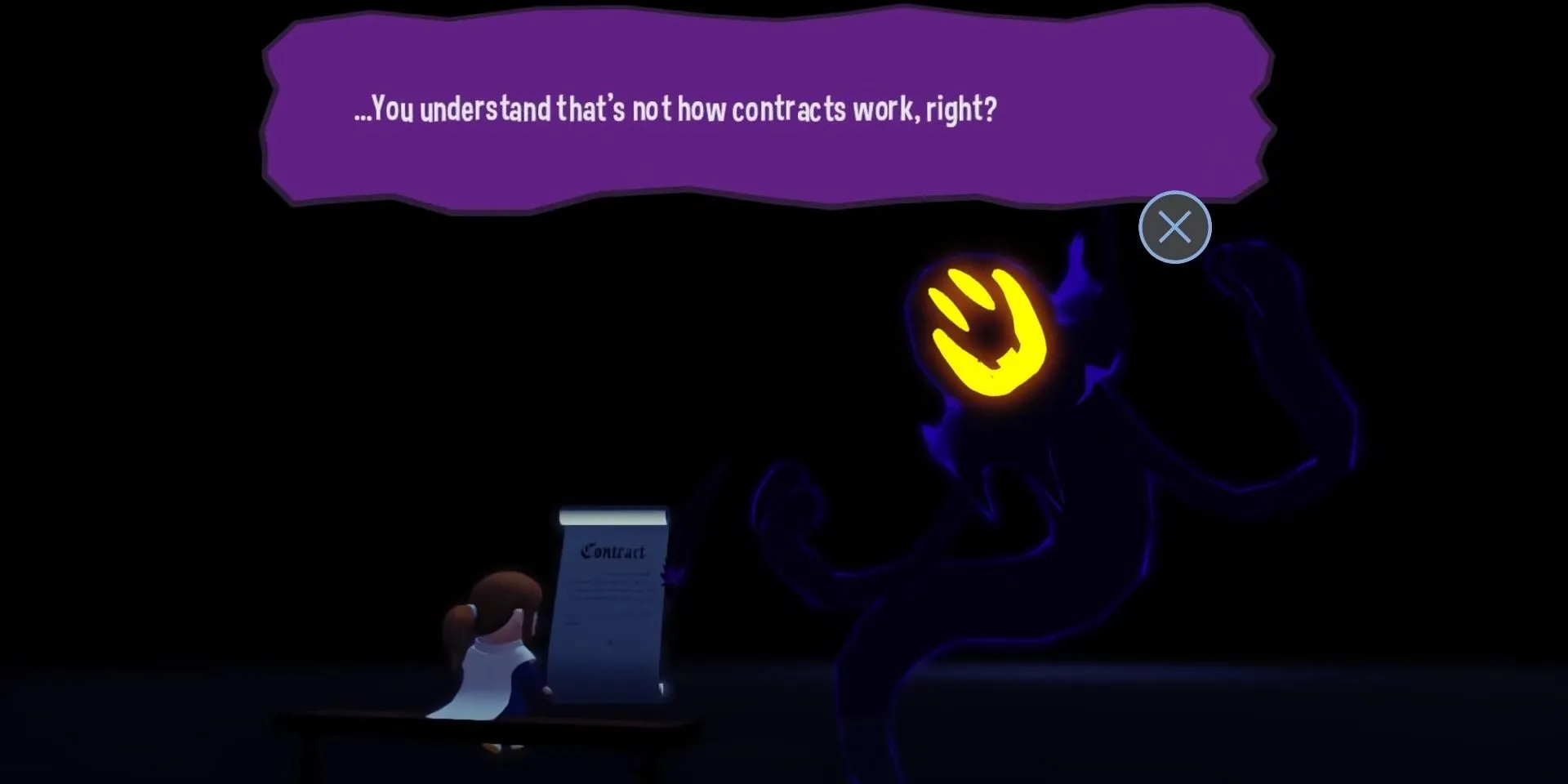 Hat Kid trêu chọc Snatcher trong A Hat in Time, một nhân vật ép buộc người chơi ký hợp đồng