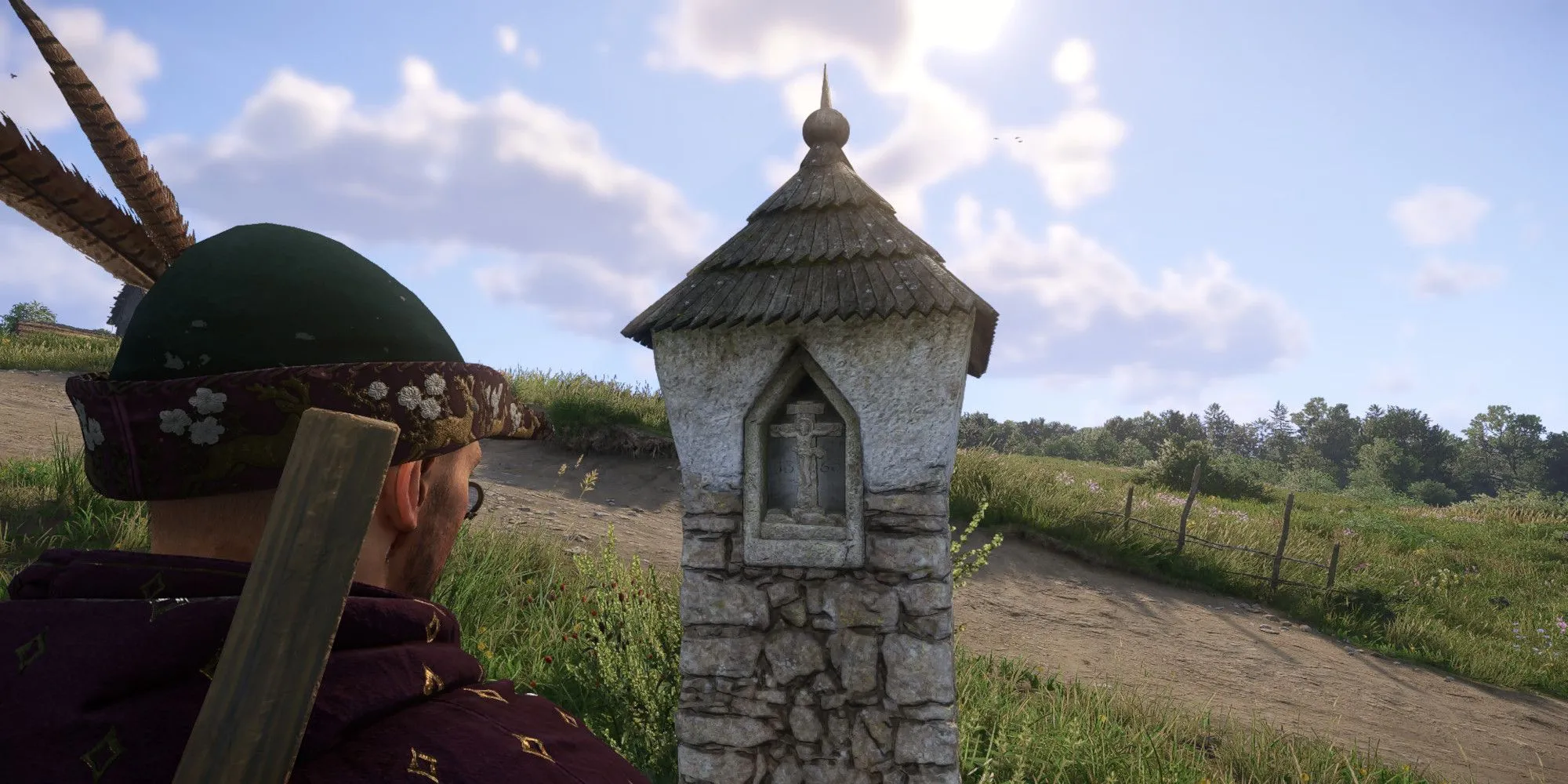 Henry cầu nguyện tại miếu thờ trong Kingdom Come Deliverance 2, minh họa perk Fundamentals of Theology