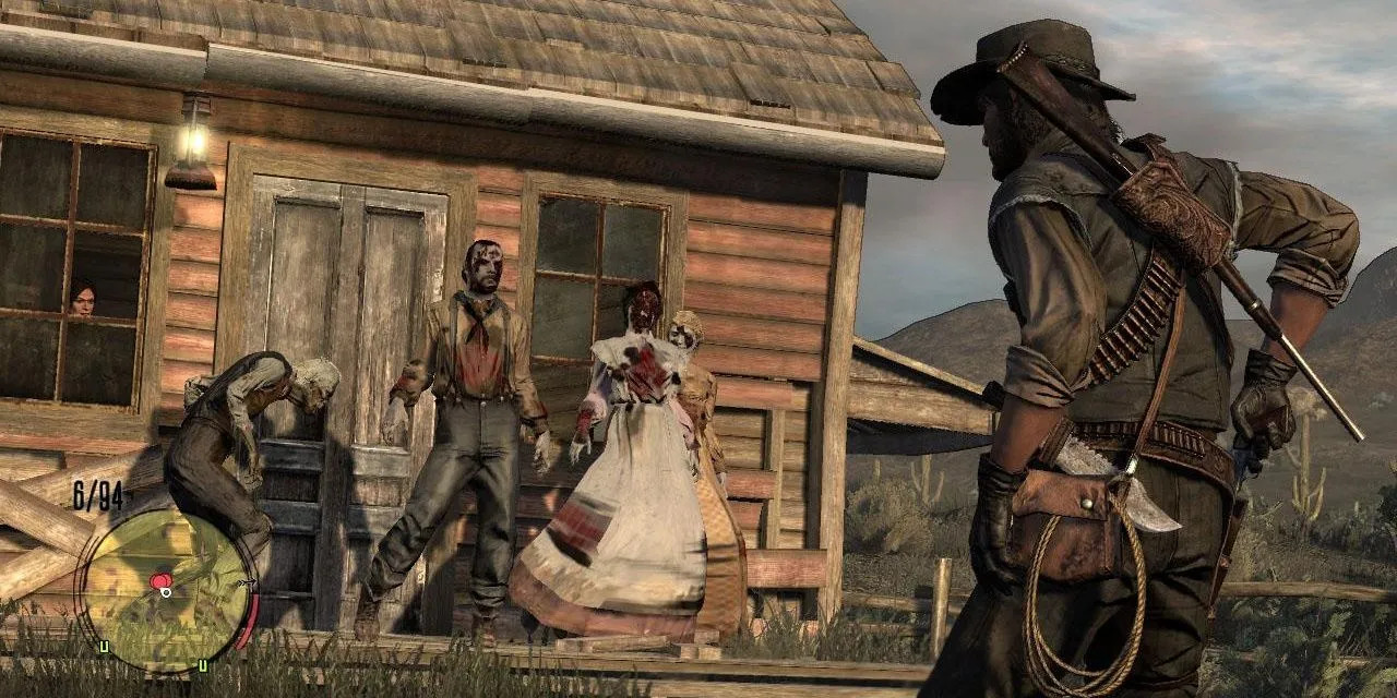 Hình ảnh John Marston chiến đấu với đàn zombie trong bản mở rộng Undead Nightmare của Red Dead Redemption