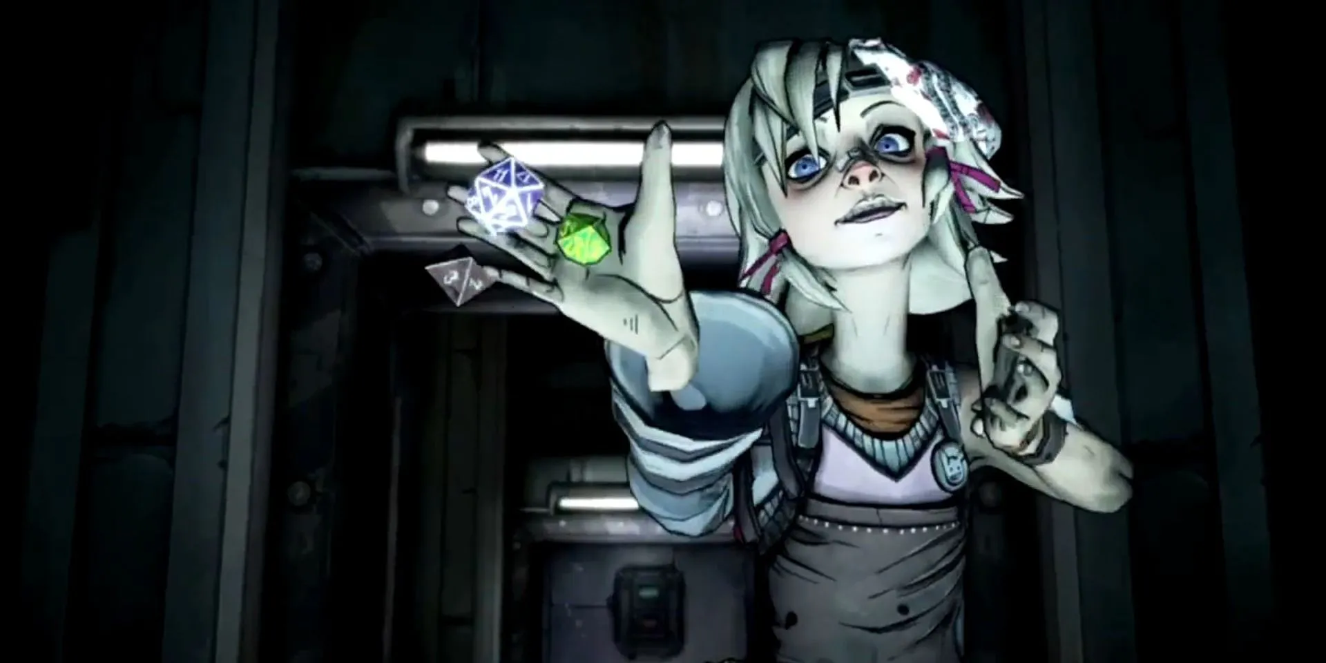 Hình ảnh Tiny Tina, nhân vật nổi tiếng từ Borderlands, đang ngồi trên một ngai vàng làm từ xương và trang trí theo phong cách Dungeons and Dragons