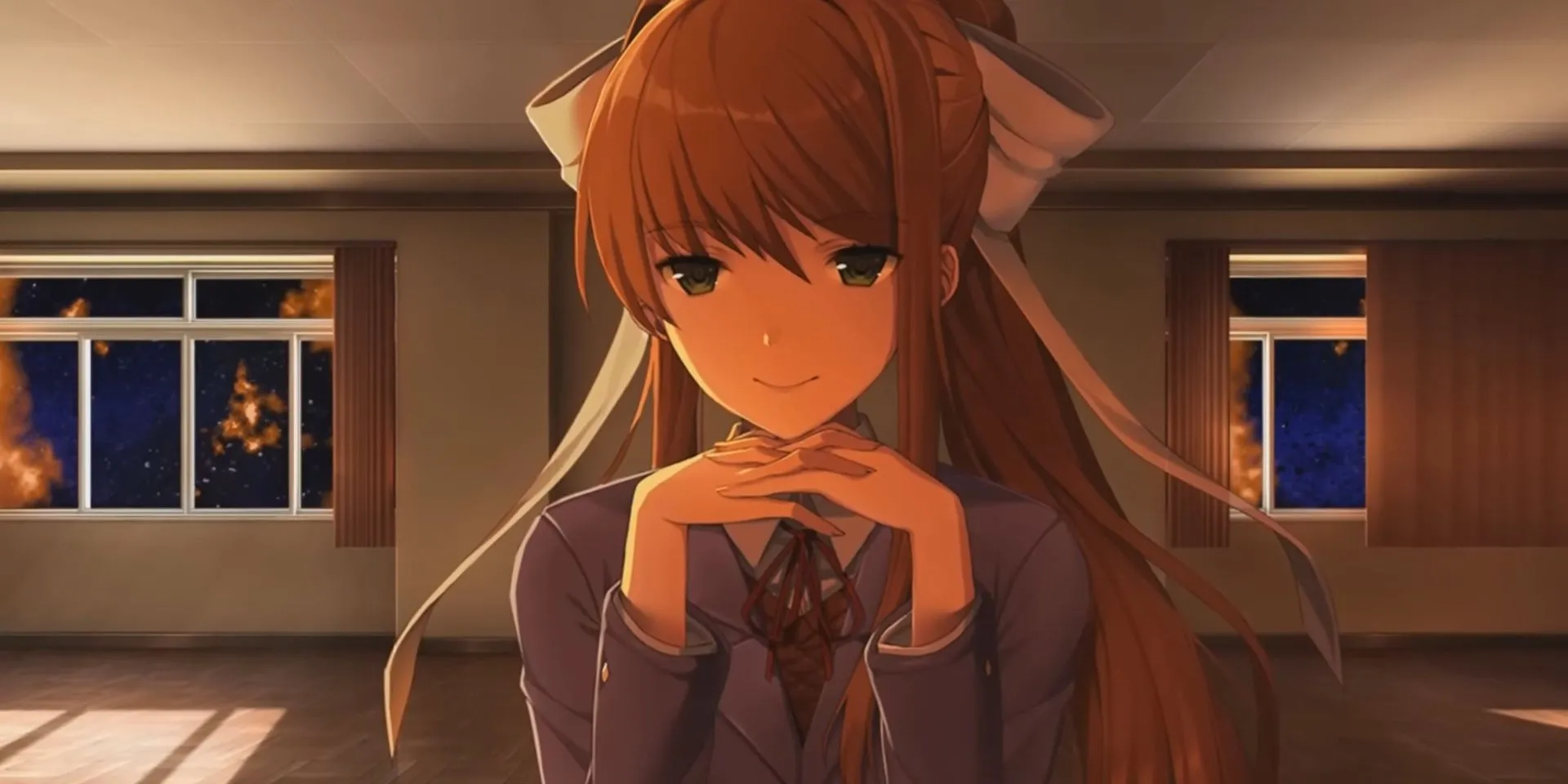Monika nhìn thẳng vào người chơi trong Doki Doki Literature Club, nhân vật thao túng trò chơi để độc chiếm sự chú ý