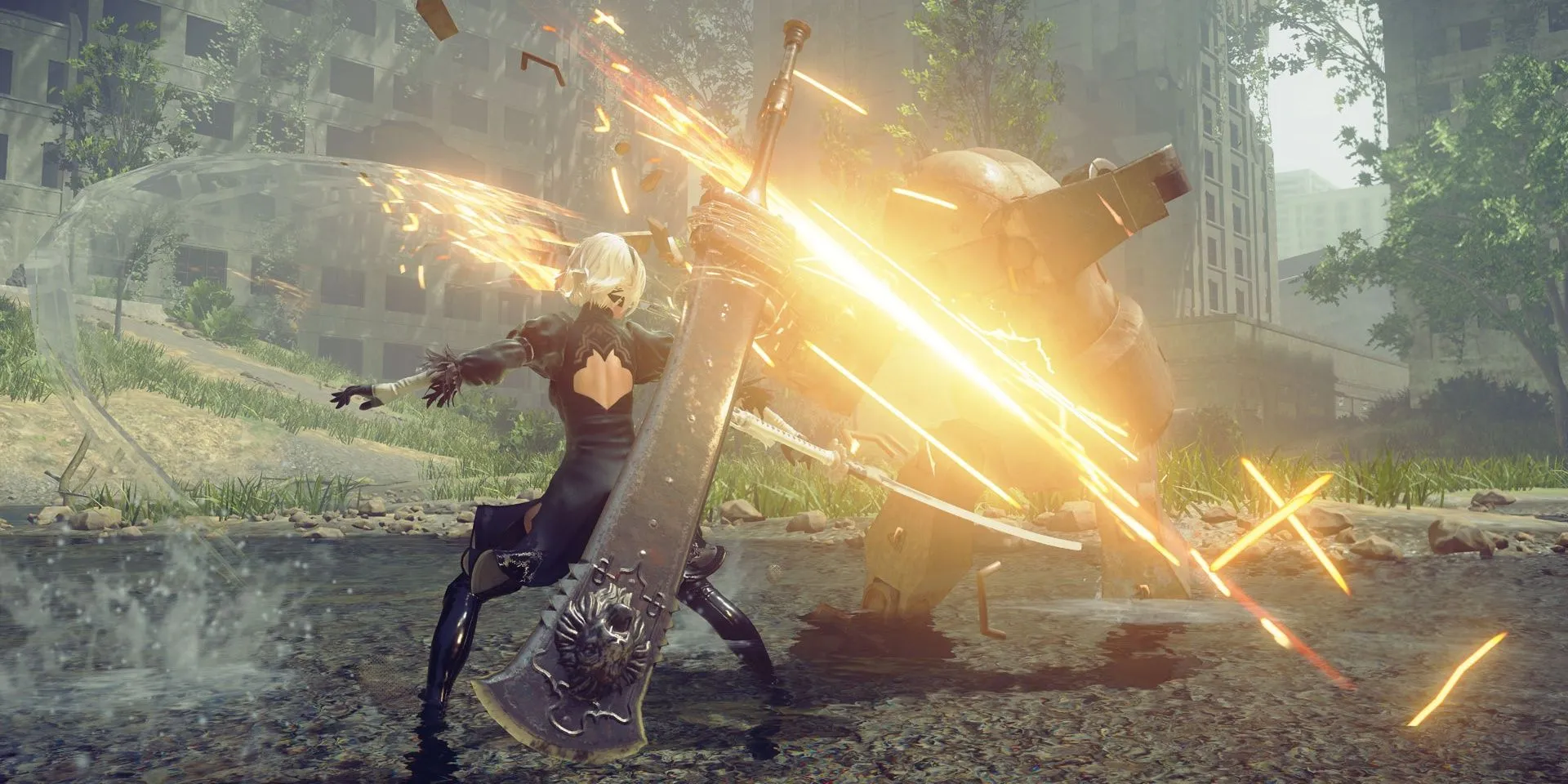 Nhân vật 2B tấn công một cỗ máy trong NieR Automata