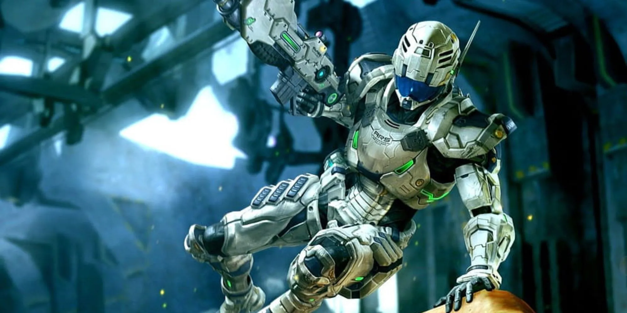 Nhân vật Sam Gideon trong bộ giáp ARS của Vanquish, thực hiện động tác trượt đặc trưng trong gameplay.