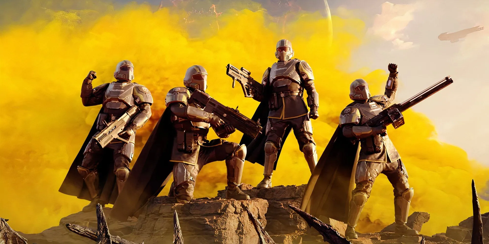 Nhóm lính Helldivers 2 sẵn sàng chiến đấu chống lại bầy quái vật trong game co-op