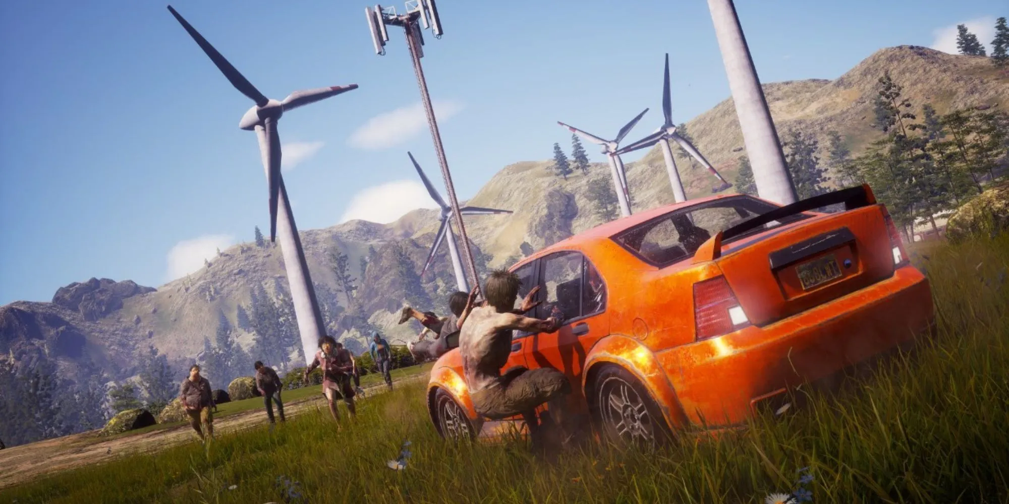 Xe màu cam trong State of Decay 2 bị zombie tấn công, tua bin gió ở phía sau