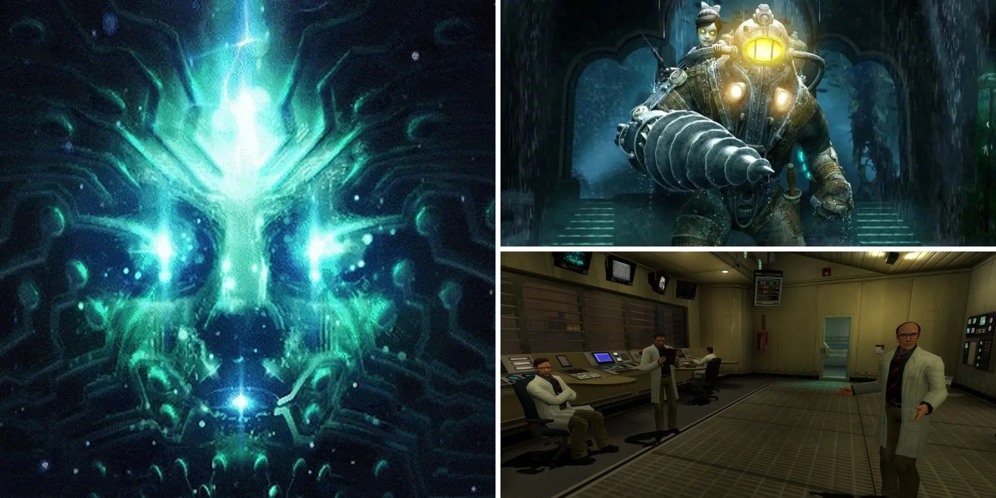 Ảnh collage các game FPS kinh dị khoa học viễn tưởng System Shock, BioShock, Black Mesa