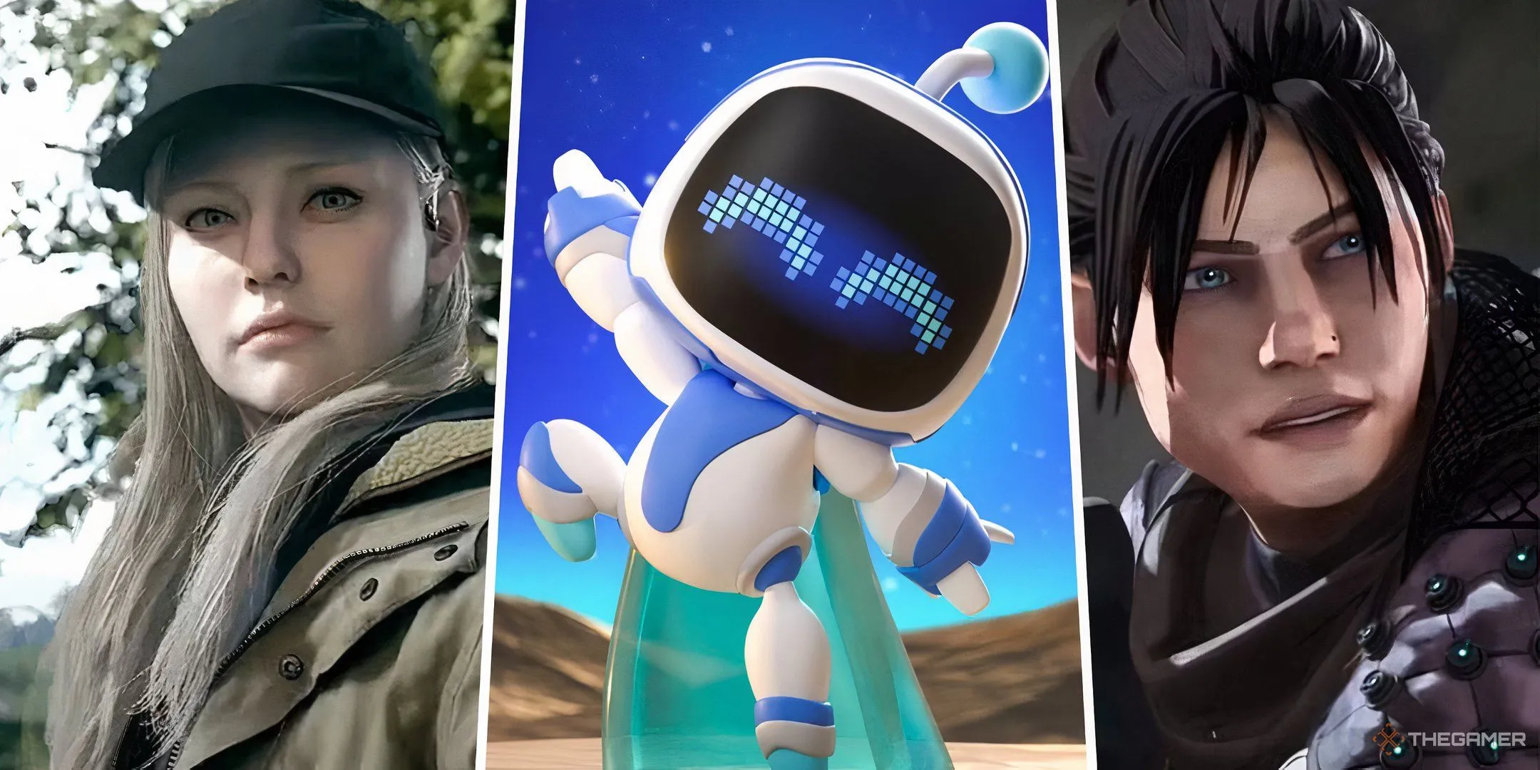 Ảnh ghép ba nhân vật game nổi tiếng từ các thể loại khác nhau: Resident Evil, Astro Bot và Apex Legends, minh họa sự phong phú của ngành game