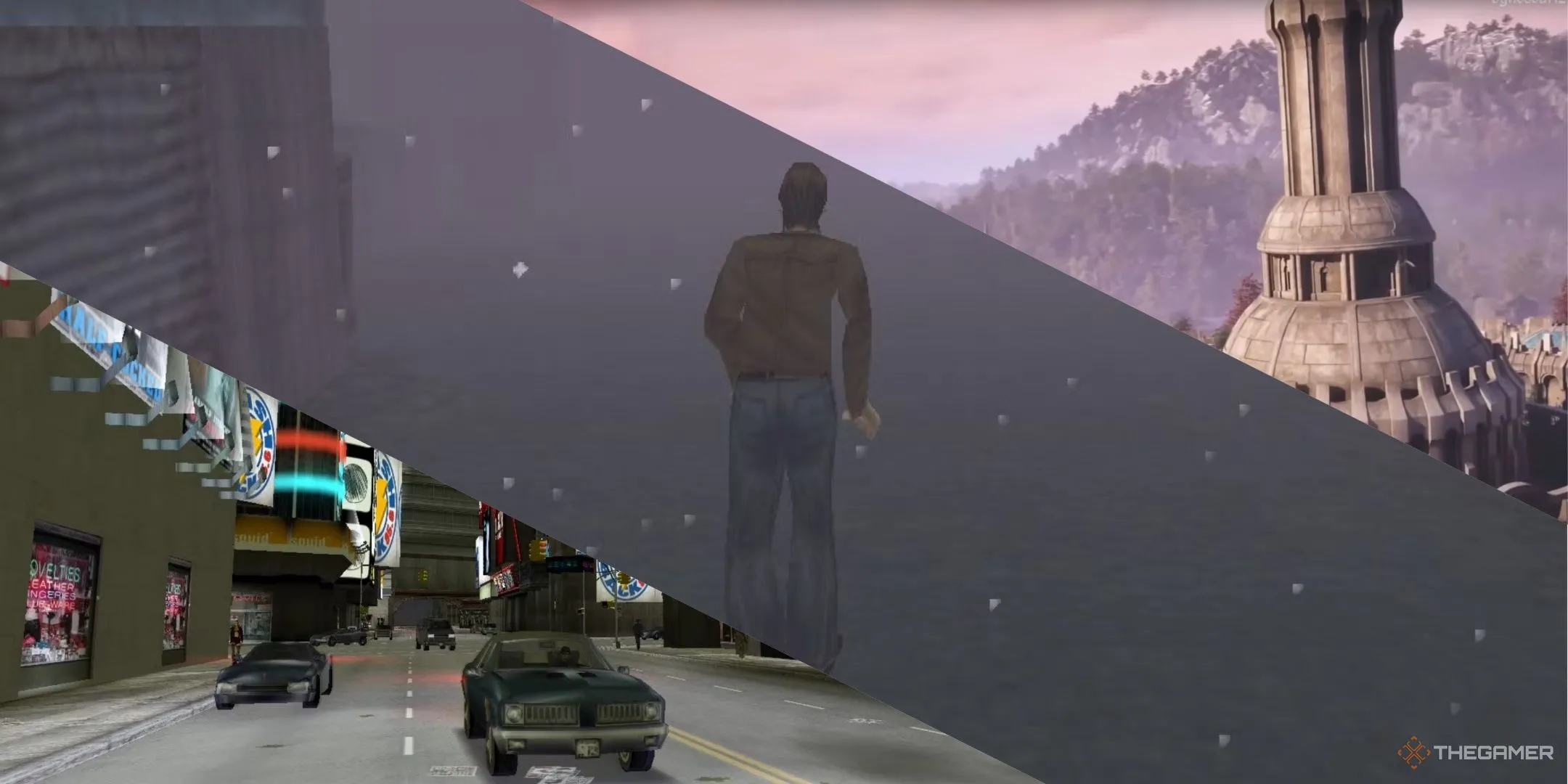 Các địa điểm game nổi tiếng: lái xe ở Liberty City (GTA 3), Harry chạy trong Silent Hill, và trung tâm Imperial City (Oblivion).