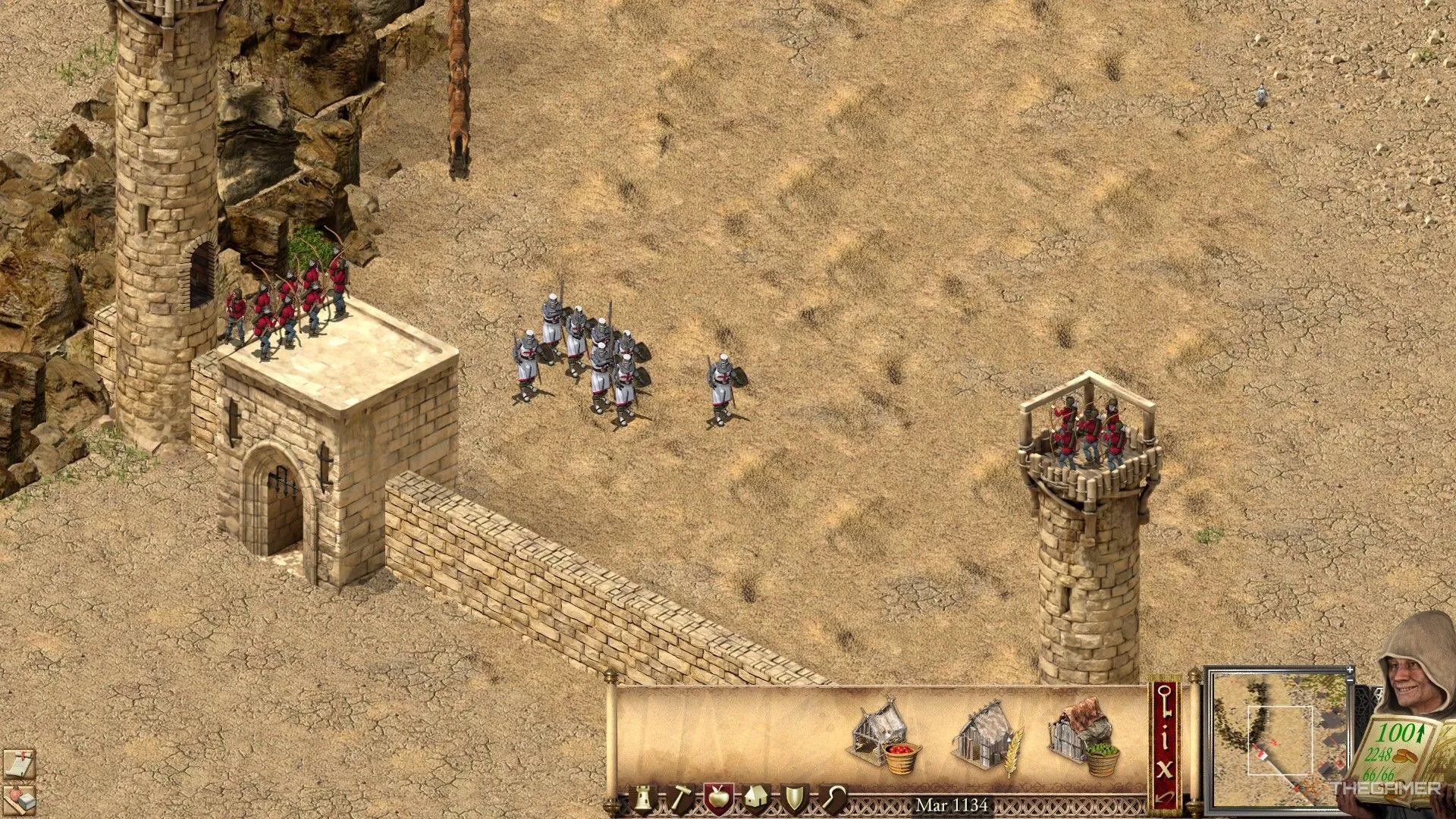 Cận cảnh lính Kiếm và Cung thủ châu Âu phòng thủ cổng thành trong Stronghold Crusader Definitive Edition.
