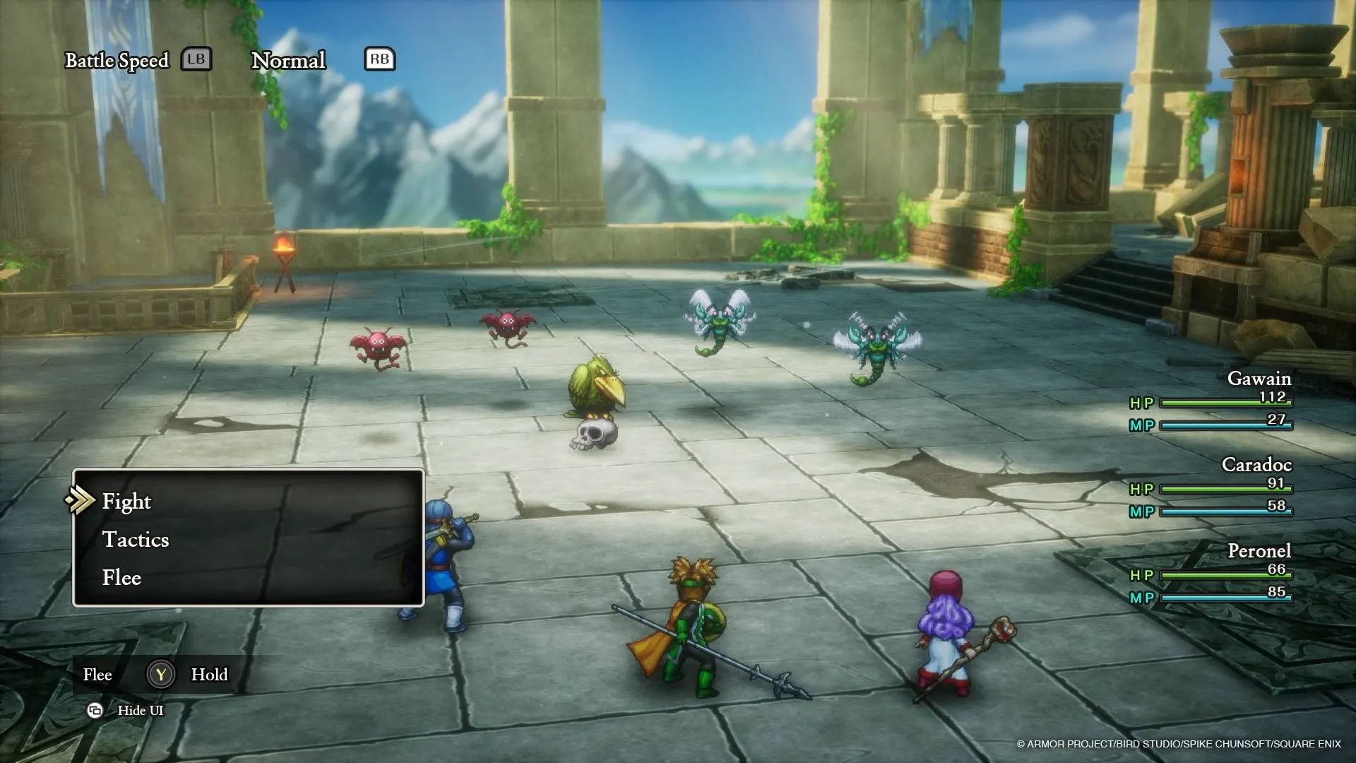 Cảnh chiến đấu trong game Dragon Quest 1 & 2 HD-2D Remake với đồ họa HD-2D độc đáo