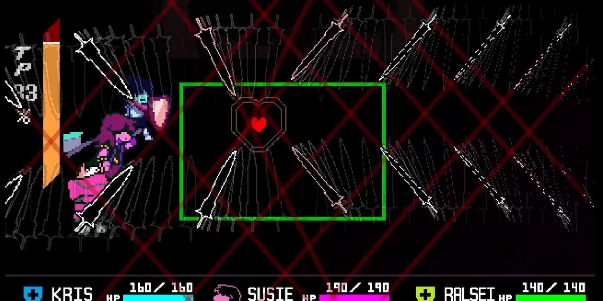 Chiêu Sword Tunnel đáng sợ của boss Roaring Knight trong Deltarune Chapter 3 với những đường kiếm sắc bén.