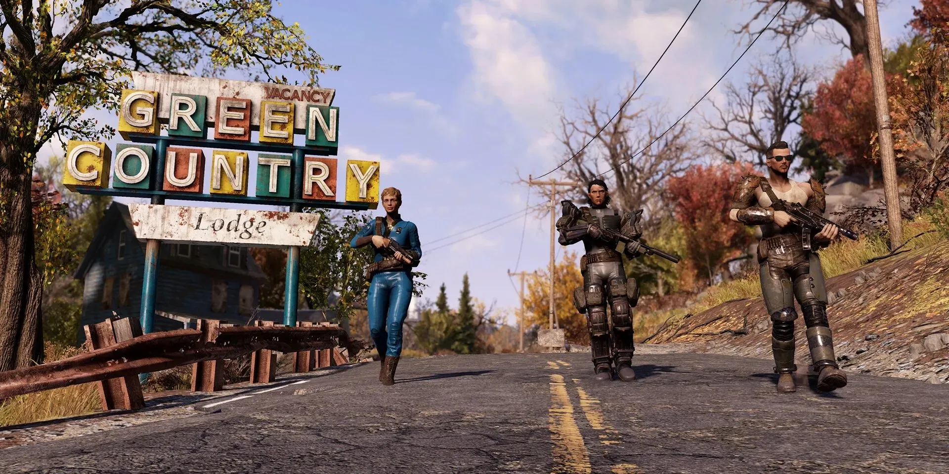 Cộng đồng người chơi Fallout 76 trong các bộ trang phục Vault Dwellers đa dạng, khám phá vùng đất hoang tàn.