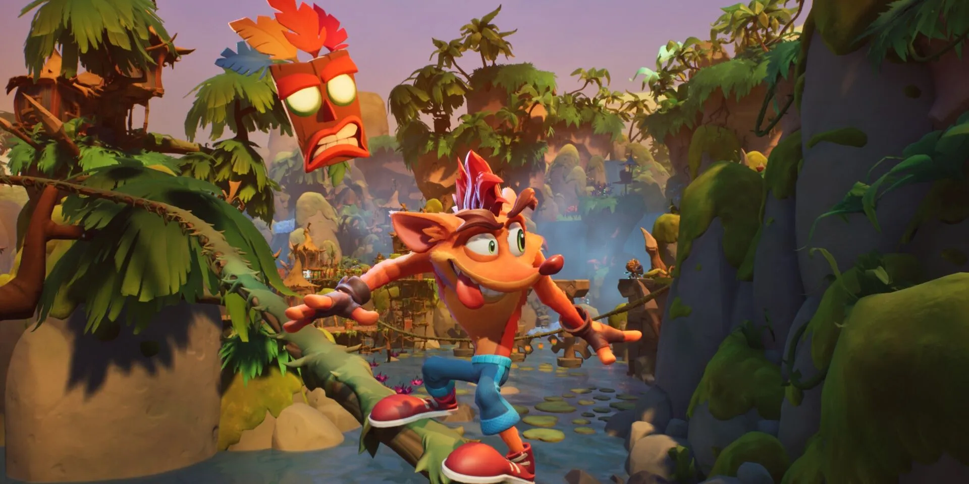Crash Bandicoot trượt trên dây leo trong game Crash Bandicoot 4 It's About Time