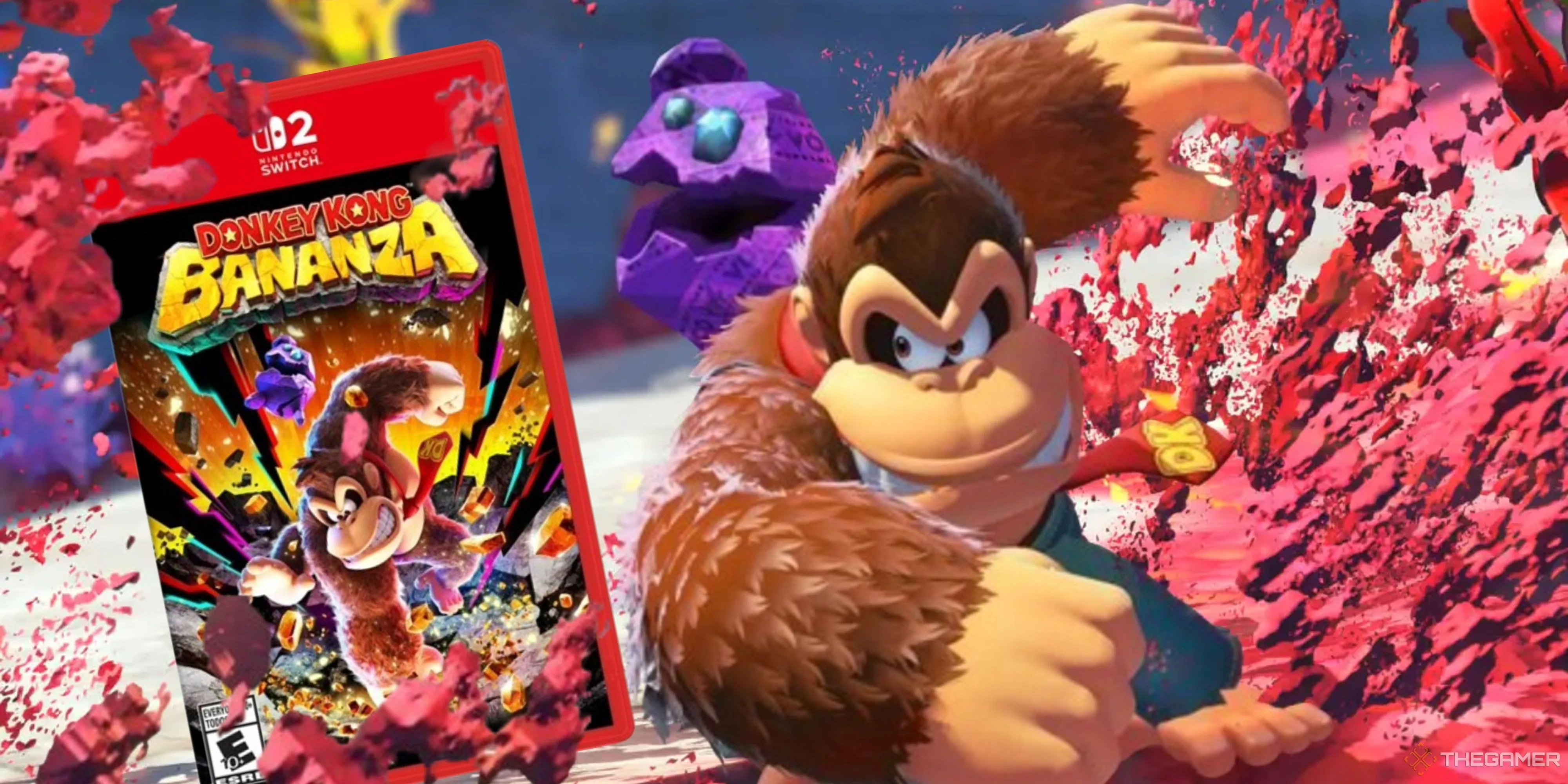 Donkey Kong đấm vào một bản sao của game Donkey Kong Bananza, minh họa sự phá hủy trong game.