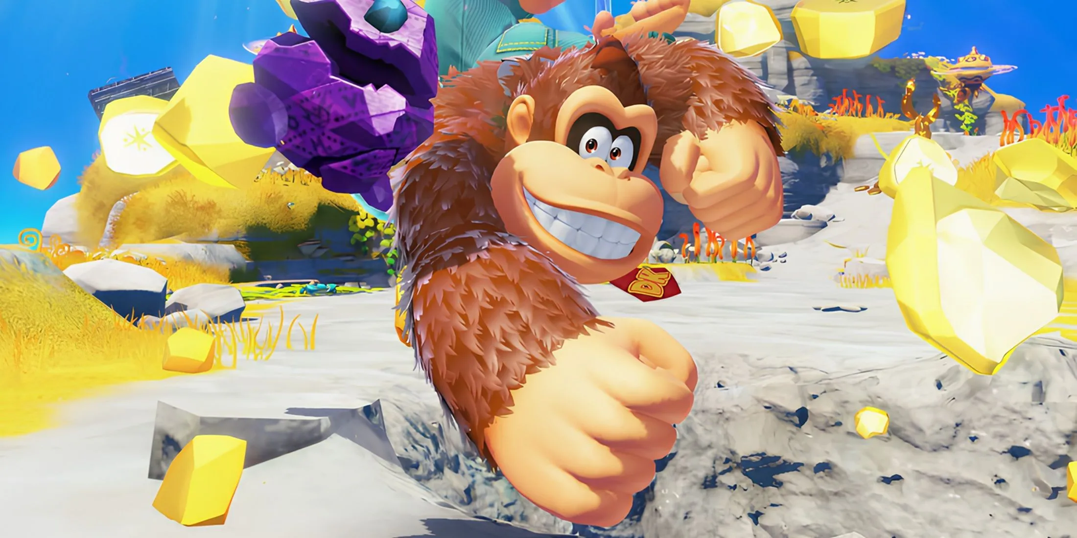 Donkey Kong đứng giữa cảnh quan game, biểu tượng của series