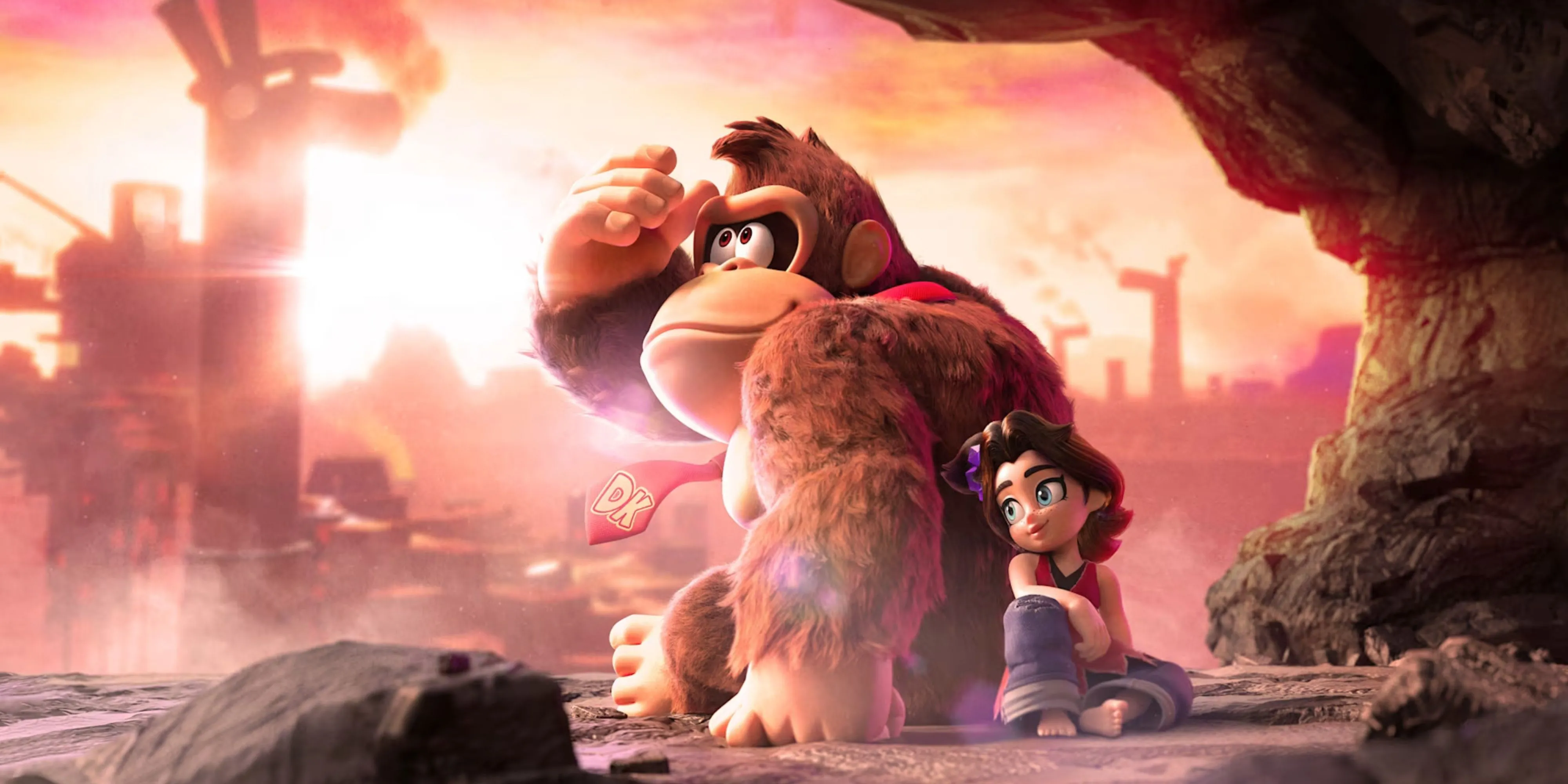 Donkey Kong và Pauline ngồi tựa lưng vào nhau trong một cảnh của Donkey Kong Bananza, cho thấy các nhân vật trong game.