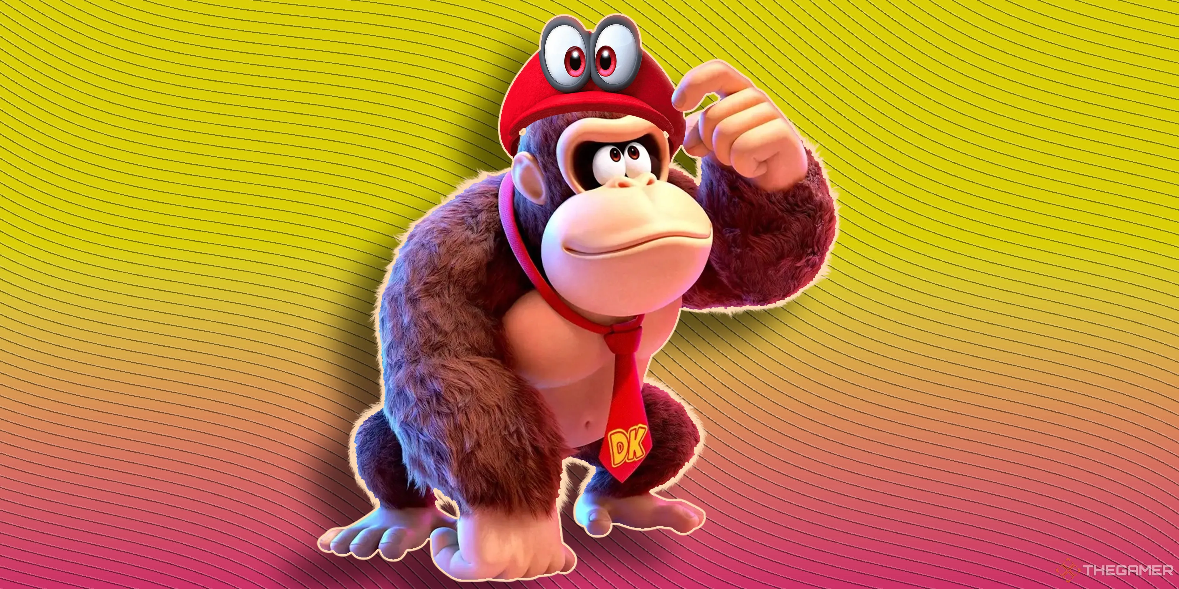 Donkey Kong với chiếc mũ Cappy từ Mario Odyssey, minh họa phong cách đồ họa của Donkey Kong Bananza.