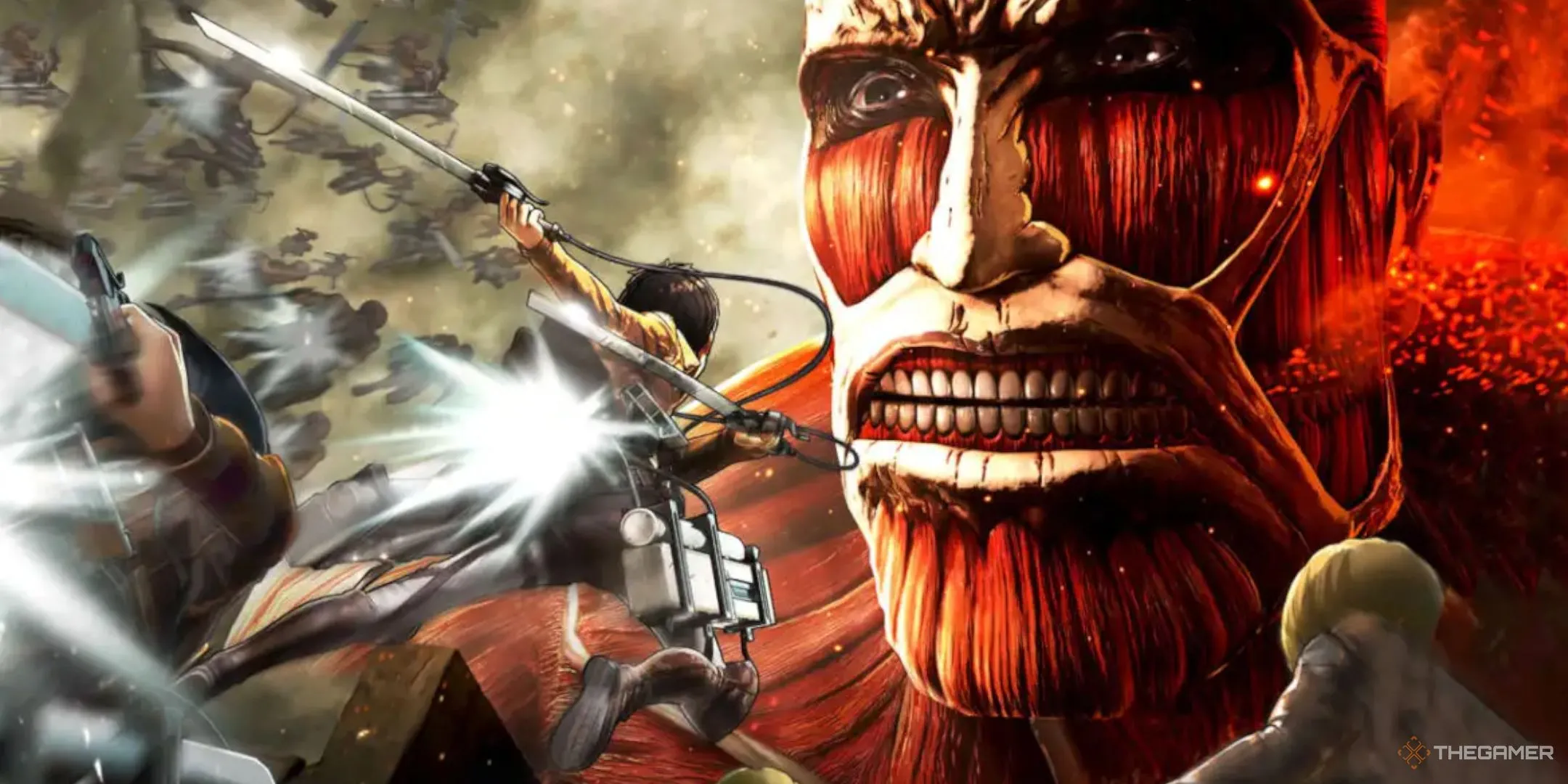 Eren Yeager sử dụng thiết bị cơ động 3D (ODM Gear) để tiếp cận Titan Đại Hình trong Attack on Titan: Wings of Freedom.