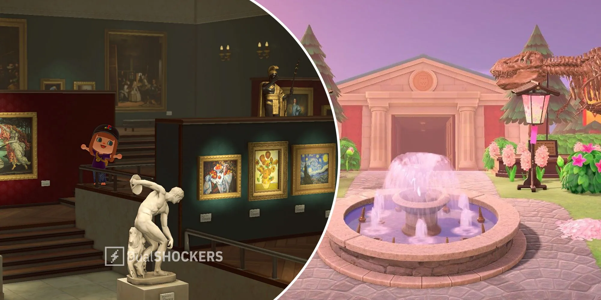 Game thủ tham quan phòng trưng bày nghệ thuật trong Animal Crossing: New Horizons, thể hiện khả năng tùy chỉnh độc đáo.
