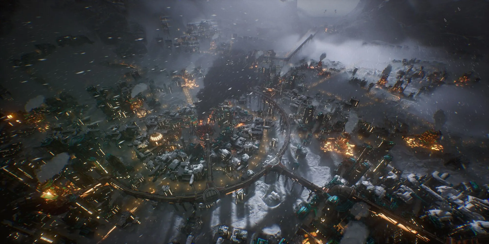 Giao diện gameplay quy mô lớn của Frostpunk 2 trên Steam, thể hiện các công trình và dân cư trong bối cảnh băng giá khắc nghiệt.