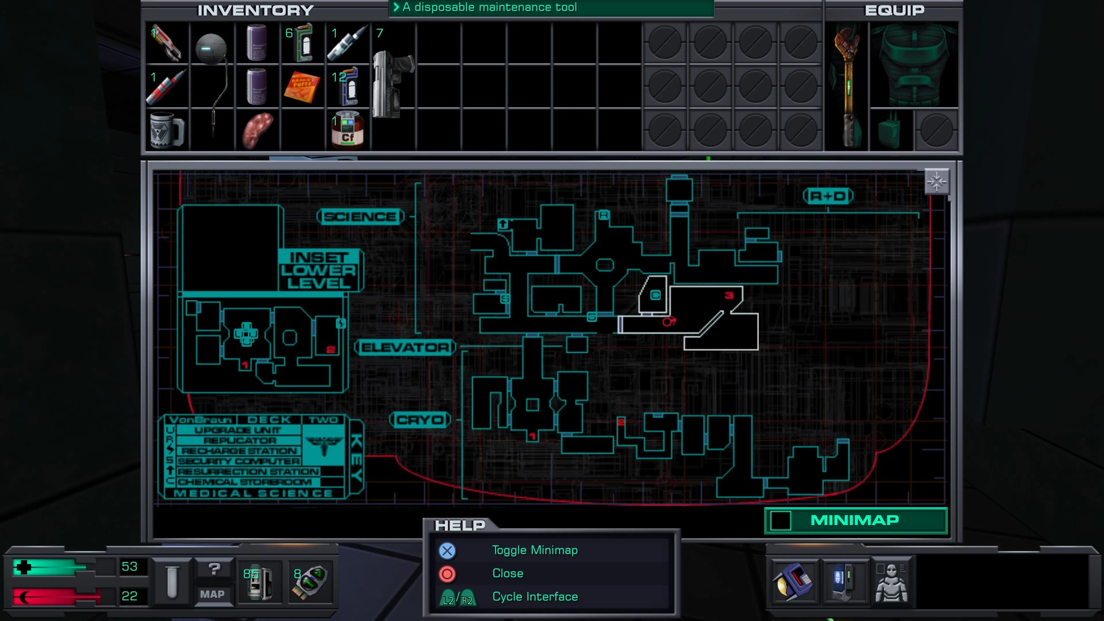 Giao diện quản lý vật phẩm và kỹ năng trong System Shock 2 Remaster