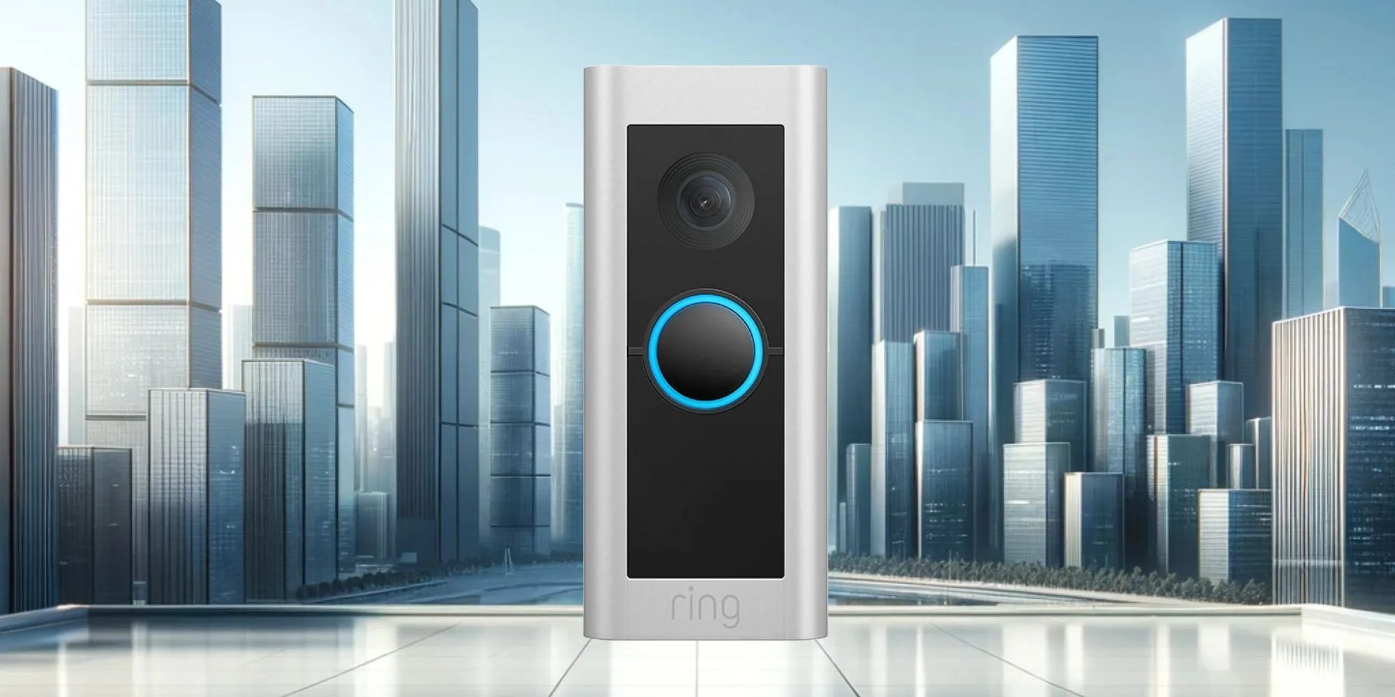 Hình ảnh một chiếc chuông cửa thông minh Ring Video Doorbell Pro 2 trên nền cảnh quan thành phố.