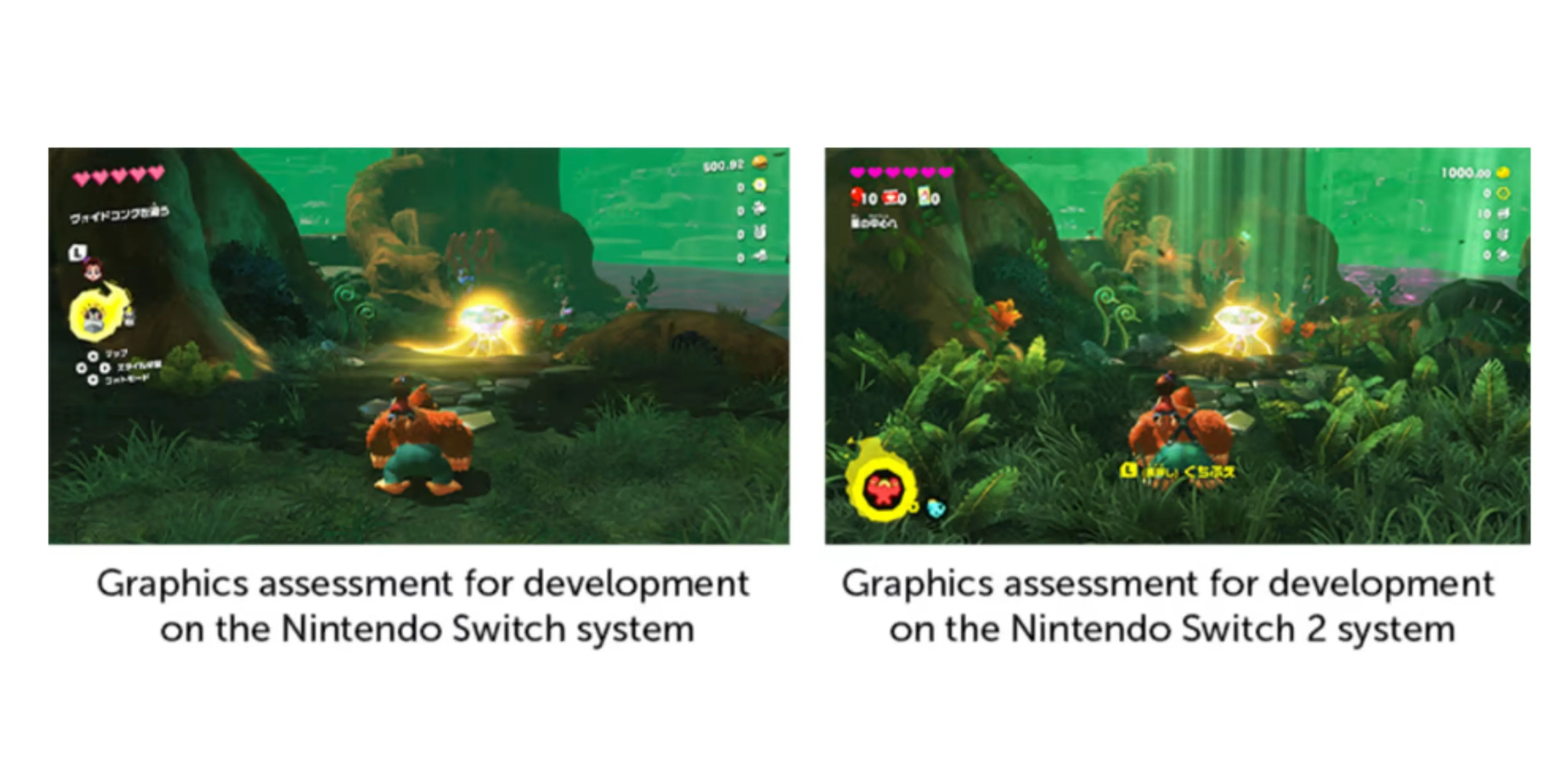 Hình ảnh so sánh đồ họa Donkey Kong Bananza trên Nintendo Switch và Nintendo Switch 2, thể hiện sự khác biệt chi tiết môi trường.