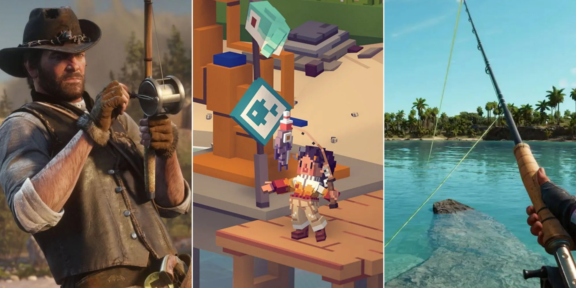 Hình ảnh tổng hợp các trò chơi câu cá thực tế như Red Dead Redemption 2, Moonglow Bay và Far Cry 6.