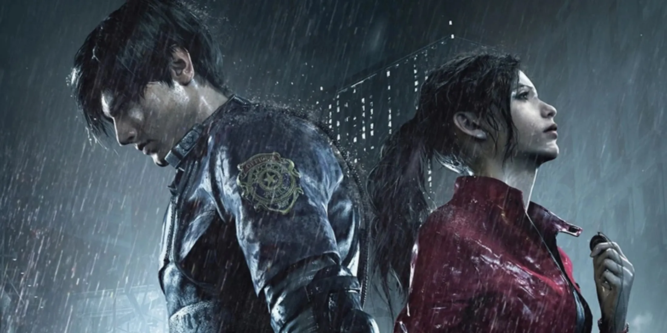 Leon Kennedy và Claire Redfield đứng tựa lưng nhau trong Resident Evil 2 Remake