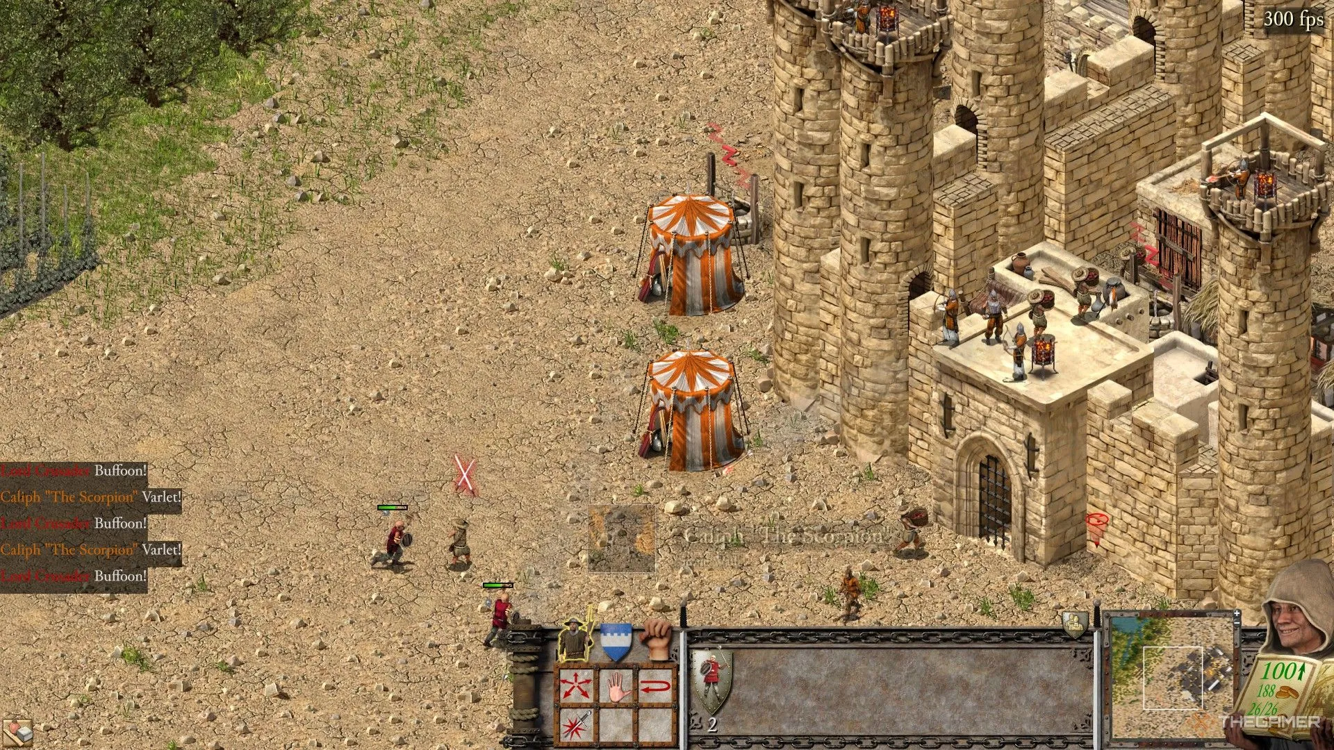 Lều trại công thành bên ngoài lâu đài được phòng thủ kiên cố trong Stronghold Crusader Definitive Edition.