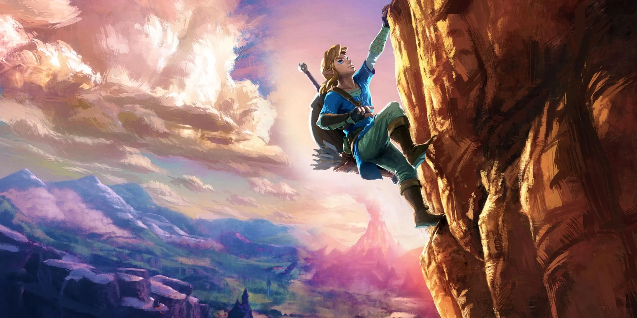 Link khám phá thế giới rộng lớn của The Legend of Zelda: Breath of the Wild, biểu tượng cho khả năng tương tác môi trường độc đáo.