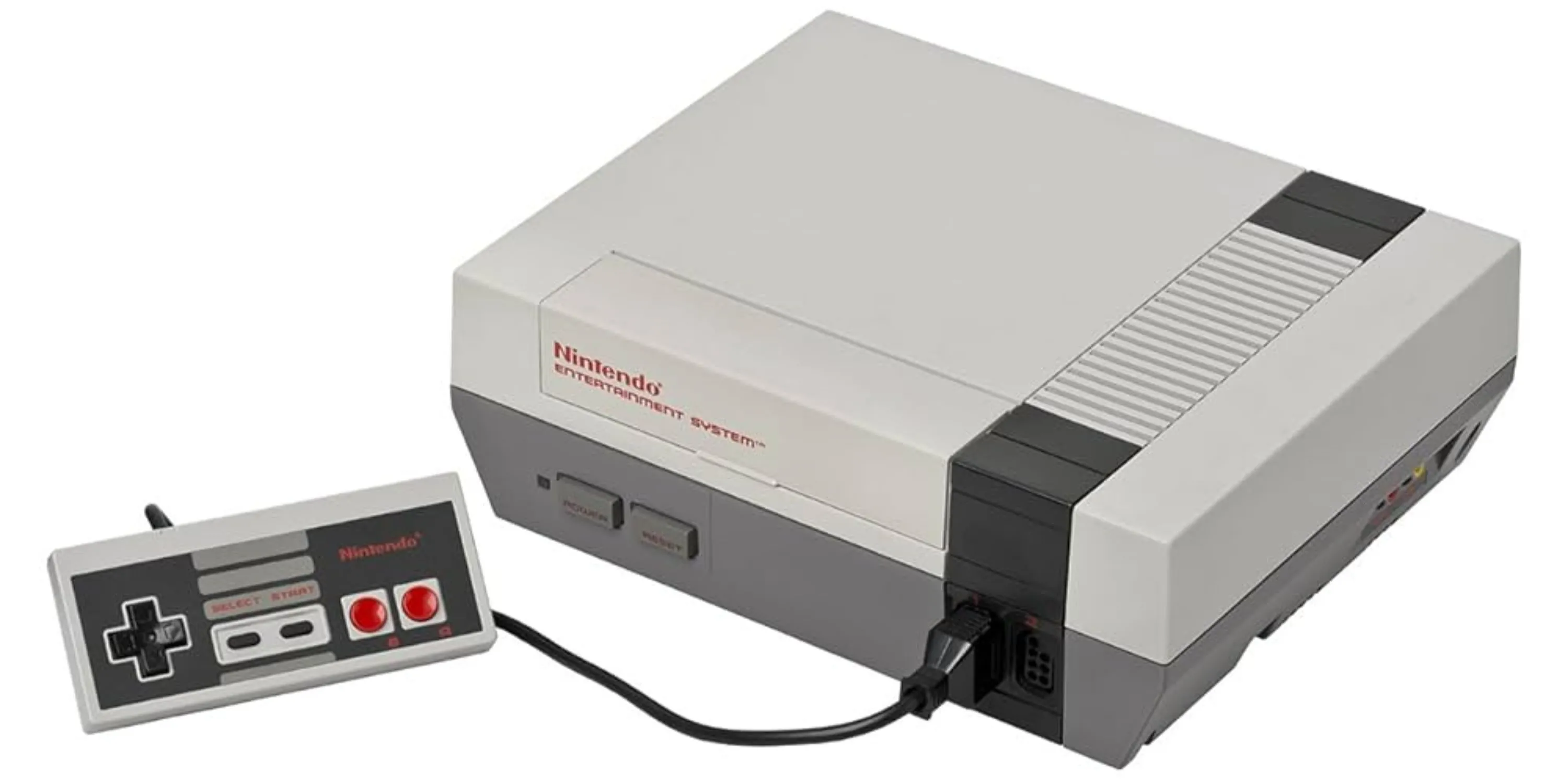 Máy chơi game Nintendo Entertainment System (NES) cùng tay cầm cổ điển, biểu tượng của thập niên 80.