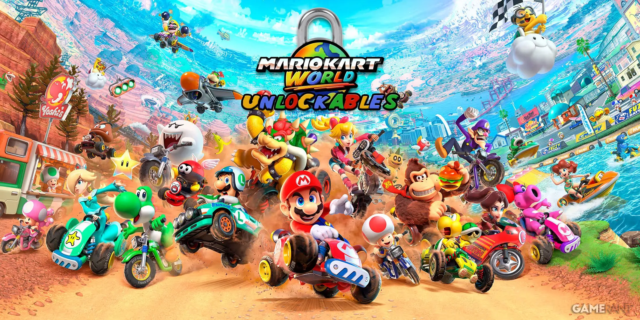 Minh họa vật phẩm, xe kart, nhân vật có thể mở khóa trong game Mario Kart World