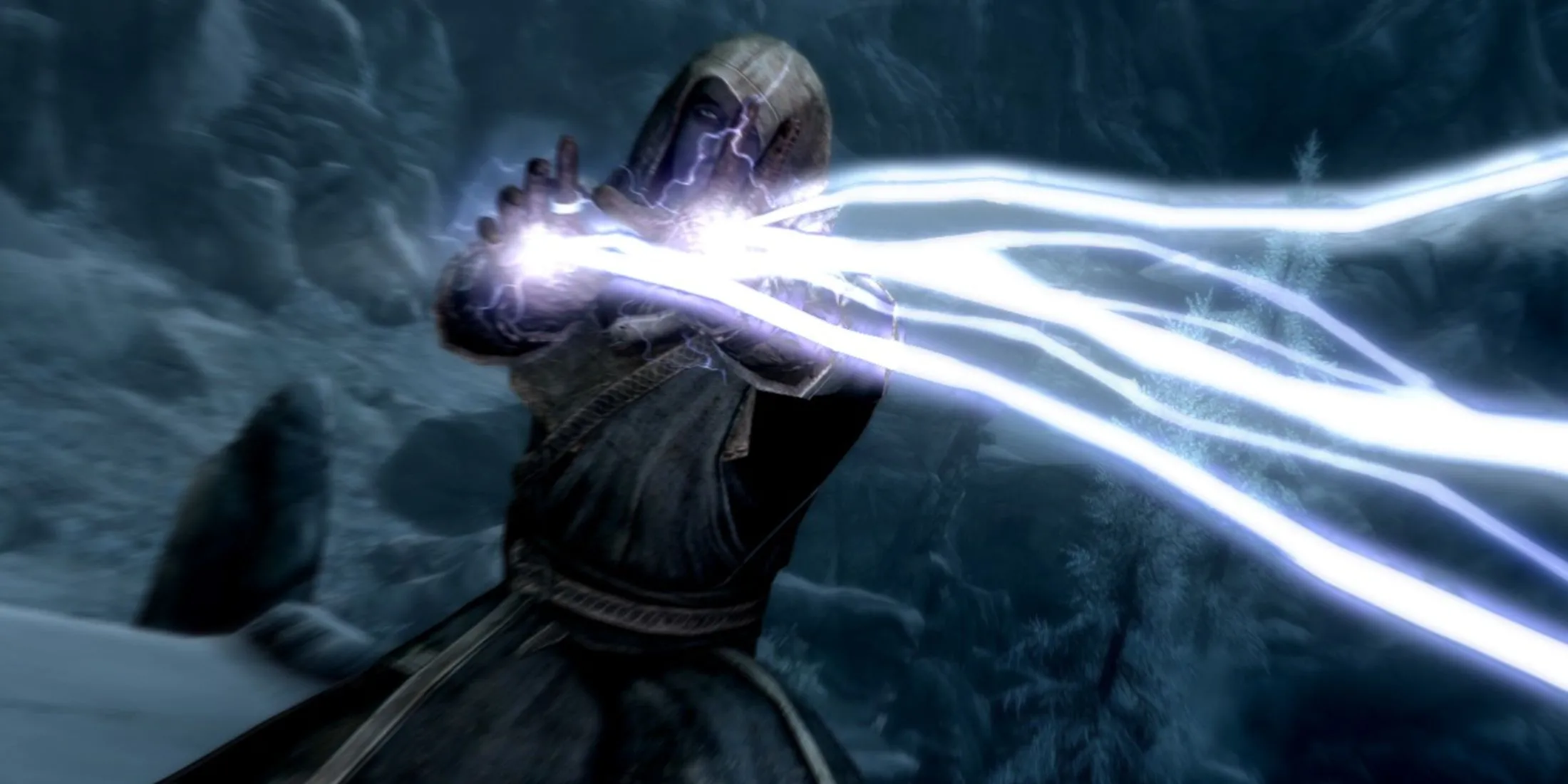 Một pháp sư đang sử dụng phép thuật trong thế giới mở của Skyrim