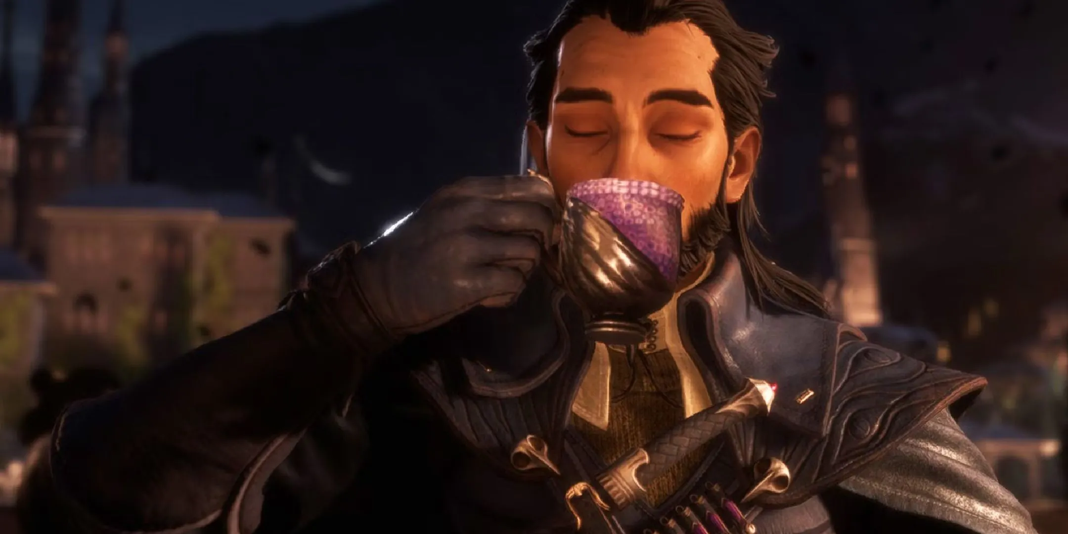 Nhân vật Lucanis trong Dragon Age The Veilguard đang thưởng thức tách cà phê, liên tưởng đến máy pha cà phê gamer.