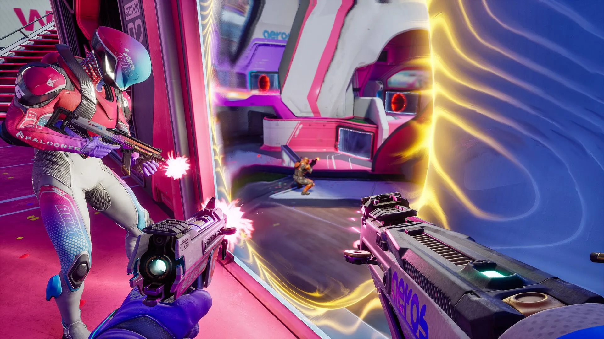 Nhân vật Splitgate 2 sử dụng cổng dịch chuyển trên bản đồ