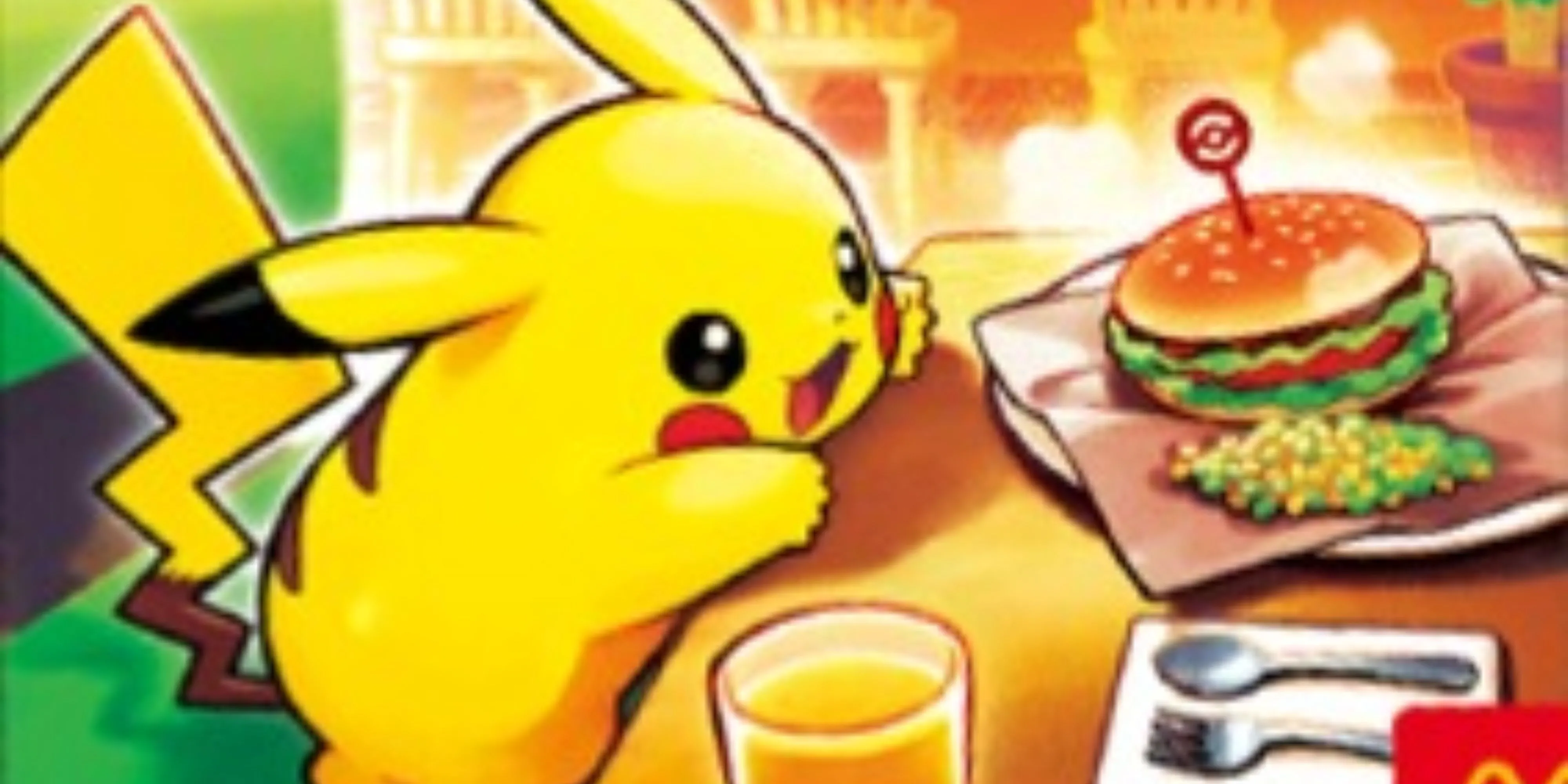 Pikachu đang cố lấy một chiếc burger trong ảnh quảng cáo thẻ Pokemon McDonald's Nhật Bản