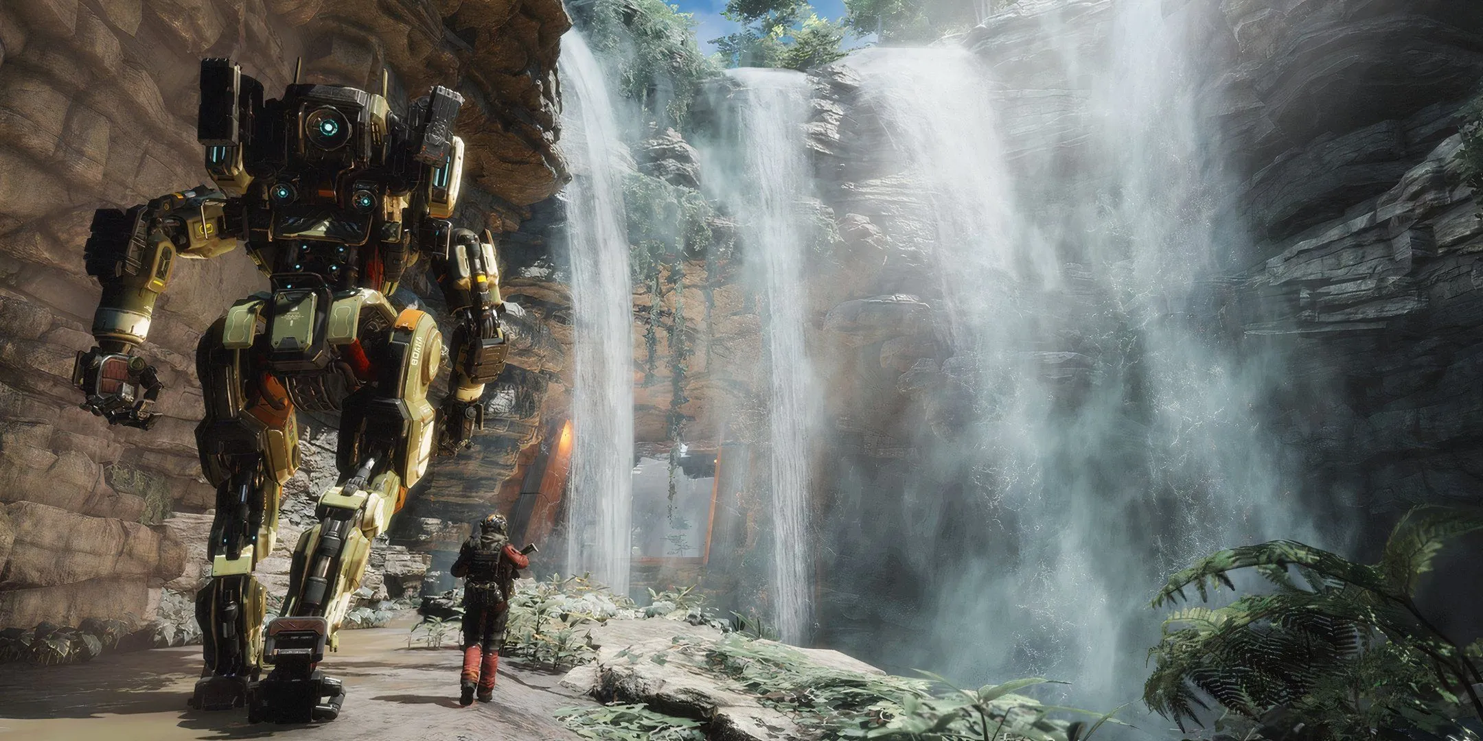 Pilot và Titan đang đi bộ cạnh thác nước trong Titanfall 2