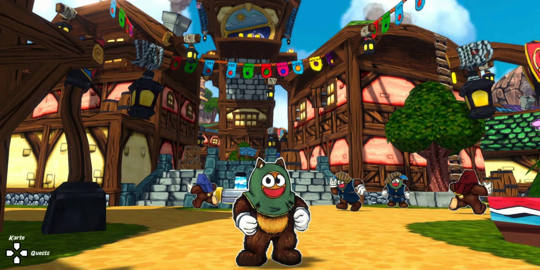Ruffy đứng trước thị trấn trong game Ruffy and the Riverside