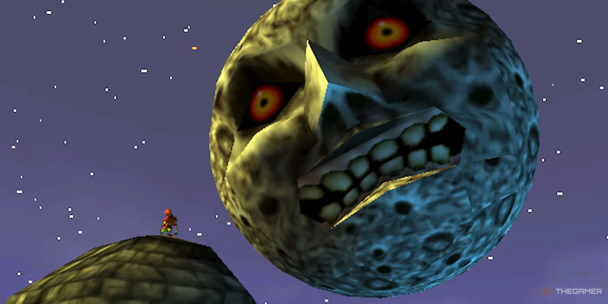 Skull Kid nhìn lên mặt trăng ở Clock Town trong The Legend of Zelda: Majora's Mask.