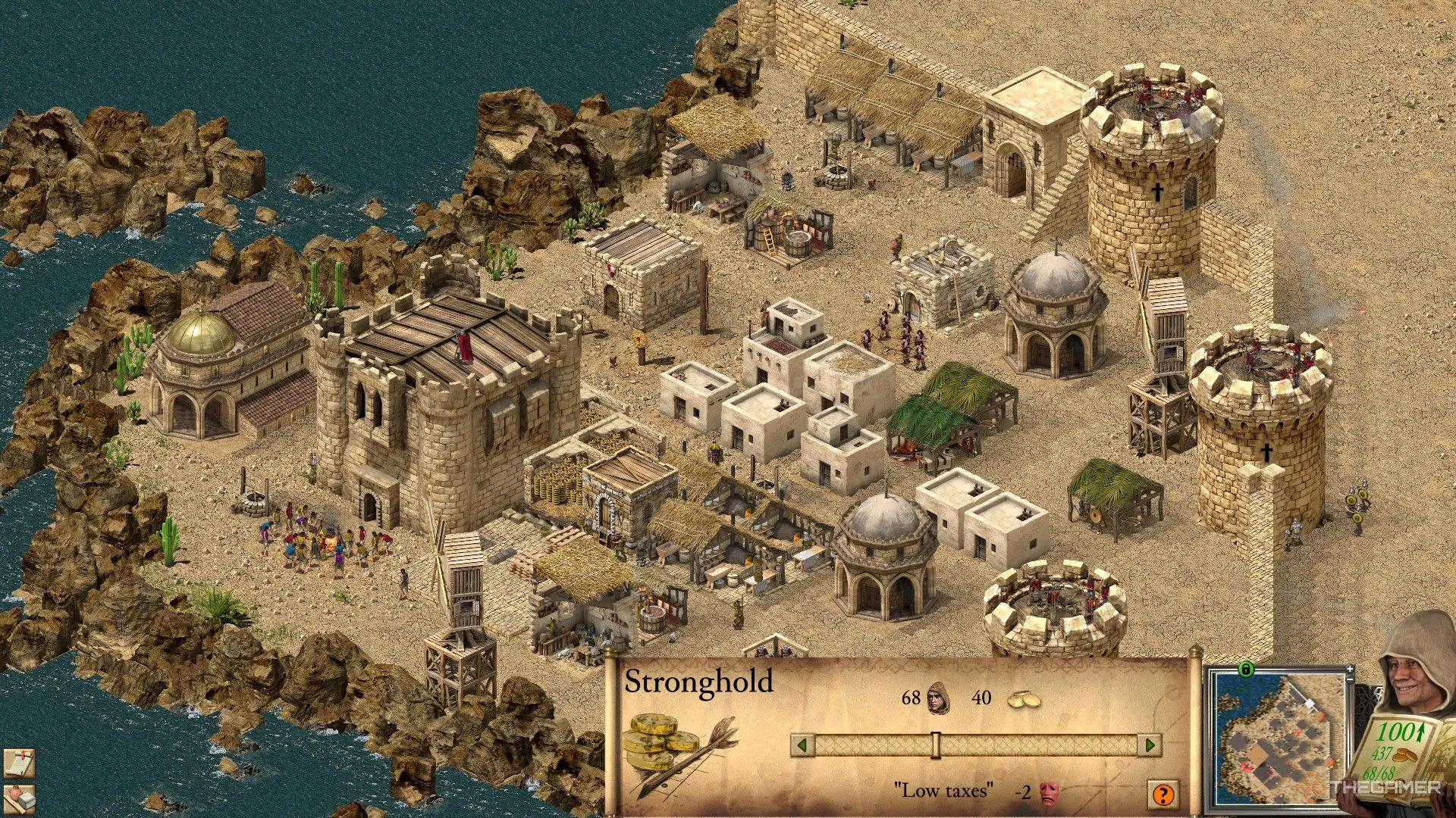 Thanh trượt điều chỉnh thuế suất từ tòa thành Keep trong Stronghold Crusader Definitive Edition, ảnh hưởng đến sự hài lòng của dân.