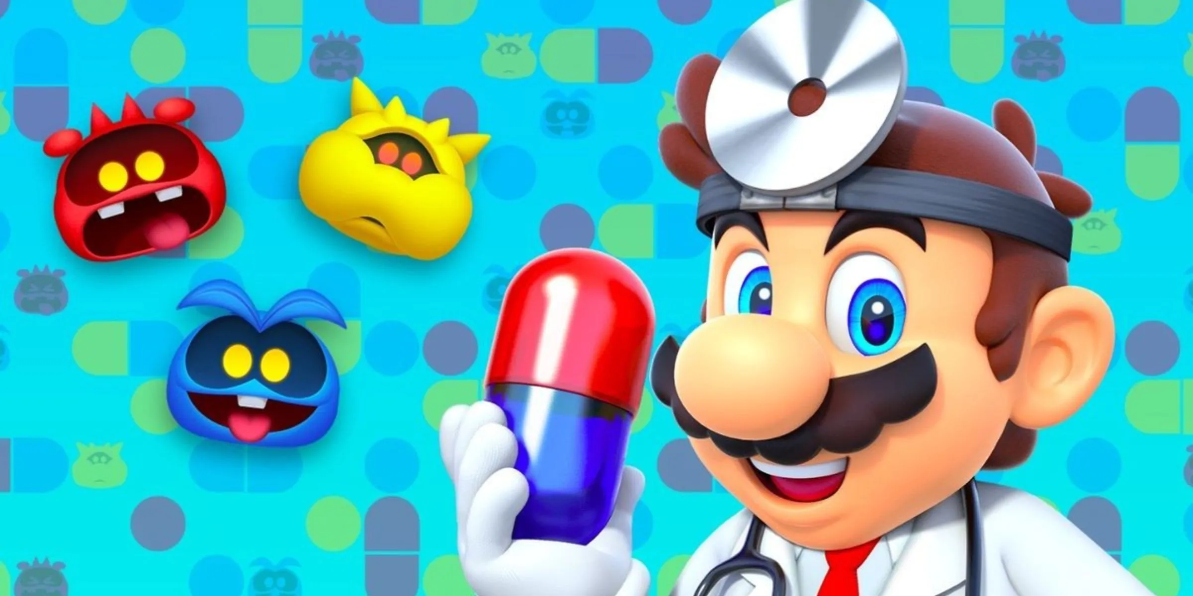 Tiến sĩ Mario cầm viên Mega Vitamin cùng ba loại virus từ game Dr. Mario World, biểu tượng cho thuốc chống trầm cảm kiểu gamer.