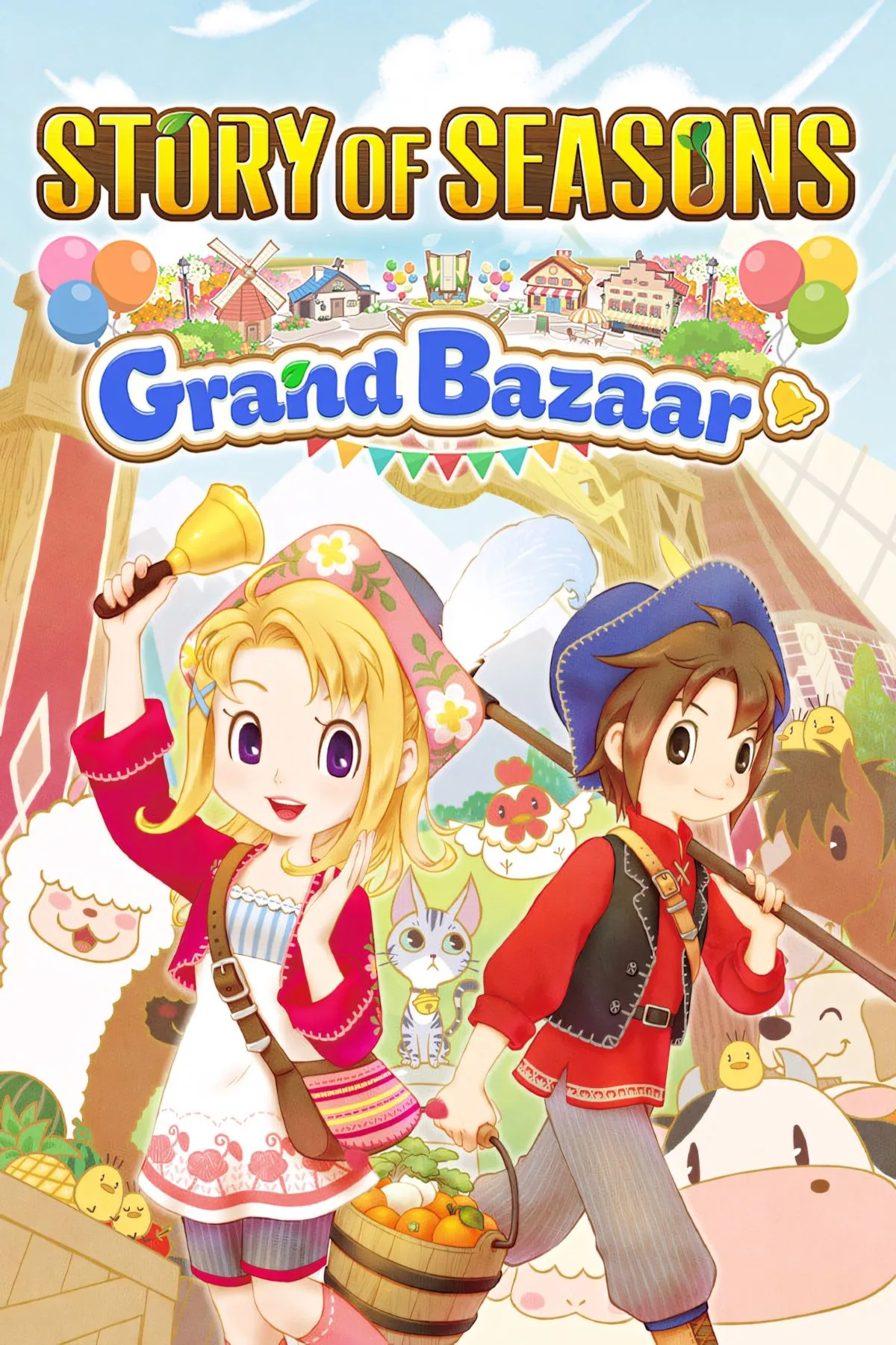Ảnh bìa Story of Seasons Grand Bazaar với nhân vật chính và các loài vật nông trại dễ thương